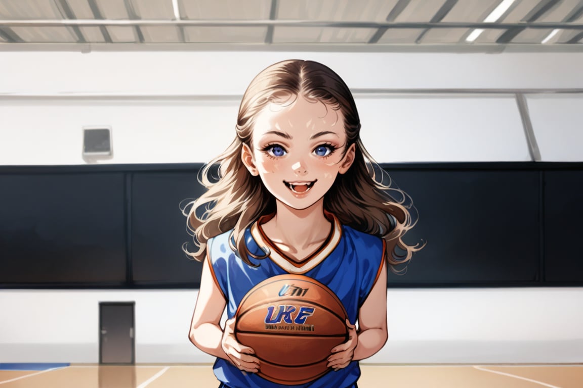 little Meika Woollard, skinny girl, little girl, skinny kids model,1girl, blue eyes, blonde hair, long hair, basket ball player's blue costume, basketball player look, blue basketball uniform, standing, smile, happy, gymnasium basketball court, ((sharp face, detailed face, realistic face, naturtal skin, realistic skin, detailed skin, pores)), without facial pattern