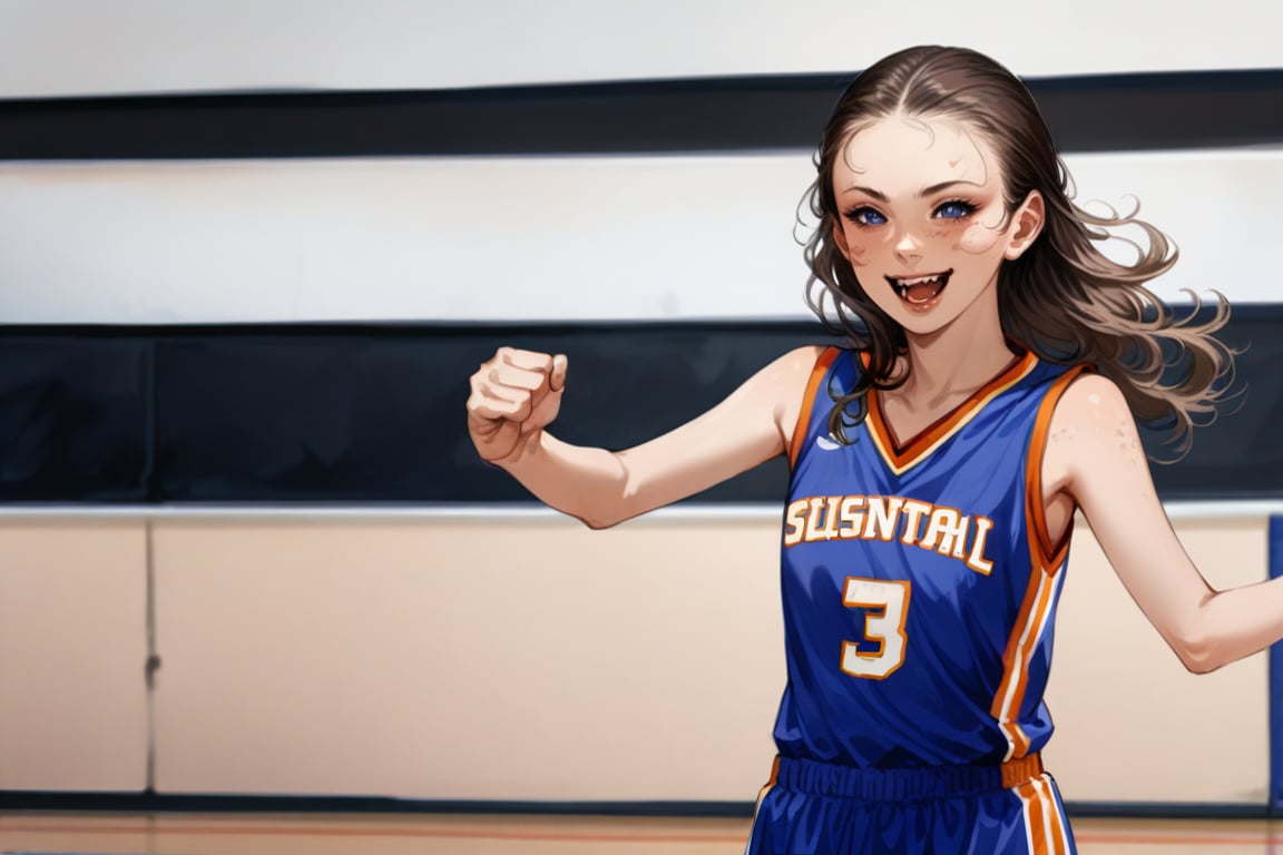 little Meika Woollard, skinny girl, little girl, skinny kids model,1girl, blue eyes, blonde hair, long hair, basket ball player's blue costume, basketball player look, blue basketball uniform, standing, smile, happy, gymnasium basketball court, ((sharp face, detailed face, realistic face, naturtal skin, realistic skin, detailed skin, pores)), without facial pattern