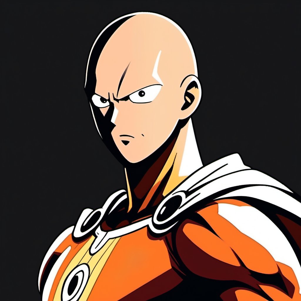 one punch man, cool Profile picture, minimalistic, saitama,flat design,solo,dark background, dynamic orange colour 