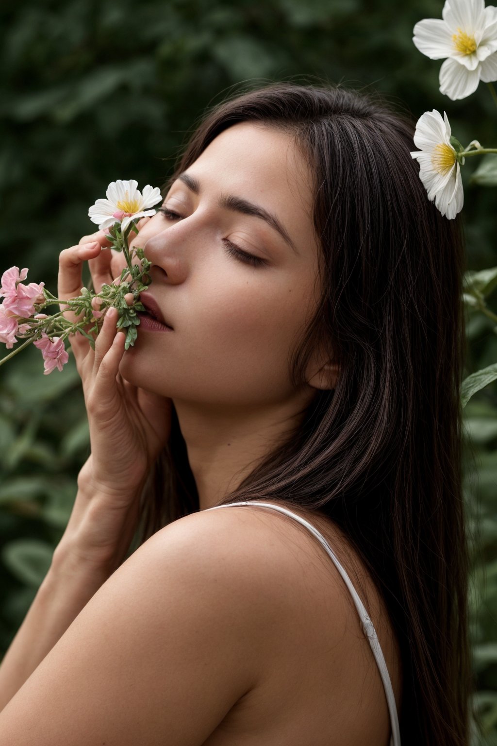 She is smelling a flower