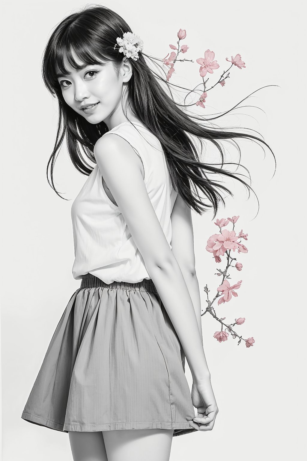 A humorous comic character in a Chinese art style, blushing and smiling shyly, wearing a casual outfit with a flower accessory, standing with hands behind the back. Background: a white backdrop with light ink splashes. Lighting: natural and soft. Style: delicate line art, soft colors, light shading, endearing, shy pose, sweet expression, modern casual details --ar 2:3 --v 6.0