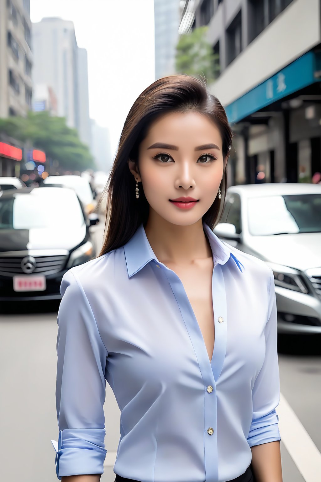 a female,  chinese, young adult, muscular body, straight brunette hair, wearing classy clothes, busy street in the background.