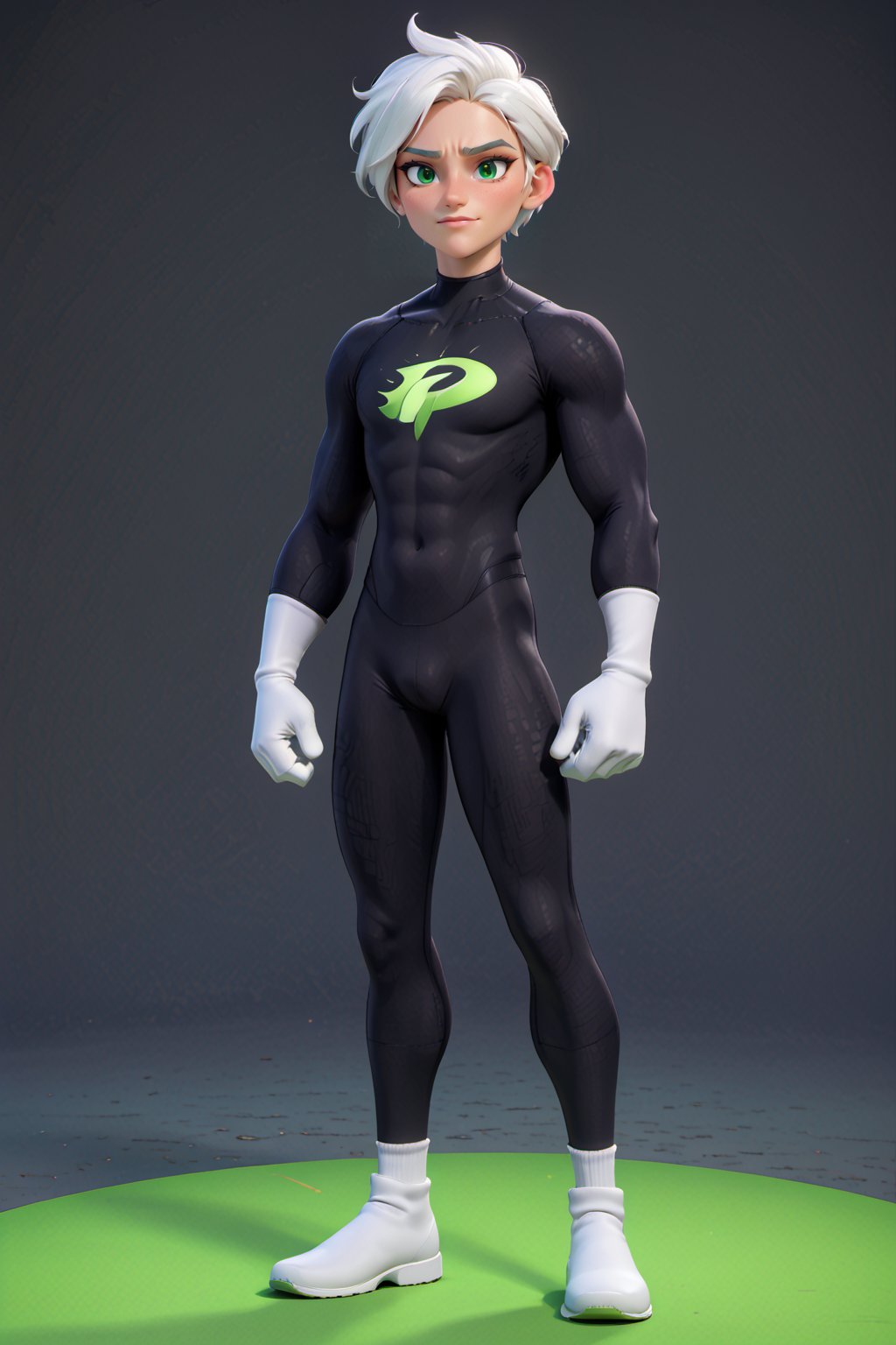 male,teenager, 18, full_body, large crotch_bulge, Mischievous grin, white hair, green eyes, strong athletic body, buff body,DannyPhantom, masculine,3d toon style,disney pixar style, black bodysuit, long white gloves,<lora:659095807385103906:1.0>