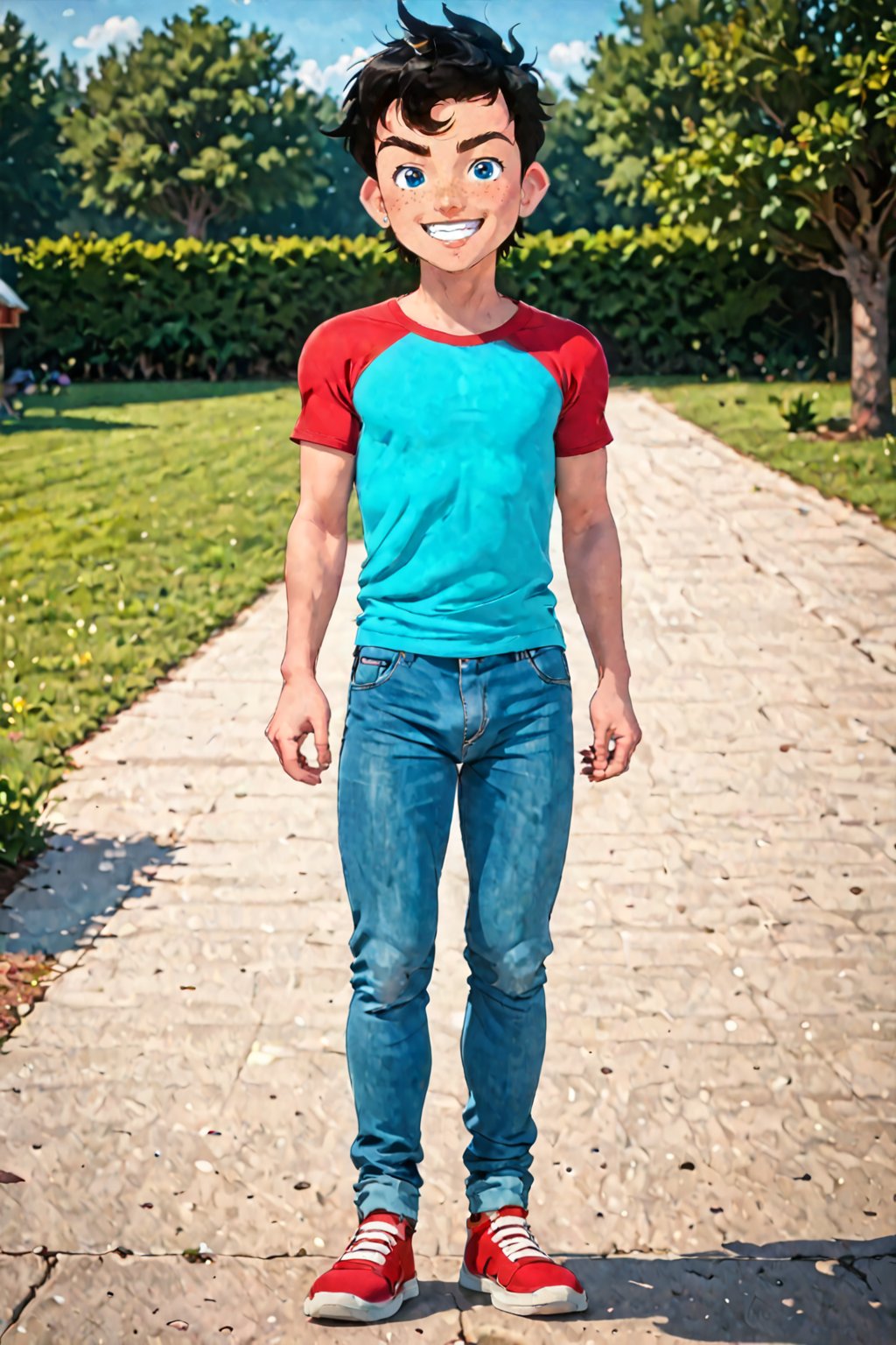 male,teenage, full_body, big crotch_bulge, Mischievous smile, 3d toon style,disney pixar style,jon kent, black hair, blue eyes, strong athletic body, blue_jeans, plain red t-shirt, impossible_fit,<lora:659095807385103906:1.0>