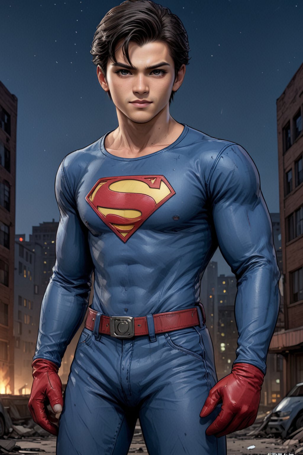 score_9, score_8_up, ultra sharp detail,comic book, cowboy shot, looking at viewer, photo realistic, hyper realistic
BREAK SuperGirl, white male,teenager, (14 years old), solo, superhero, toned, black hair, dark hair, (((blue eyes))), muscular
BREAK (((masculine))), crotch_bulge, (((big smile)))
BREAK blue shirt, latexshirt, long sleeves, buckle, blue pants, latex pants, red elbow gloves, latex gloves, red mask, domino mask
BREAK background city, night,<lora:659095807385103906:1.0>