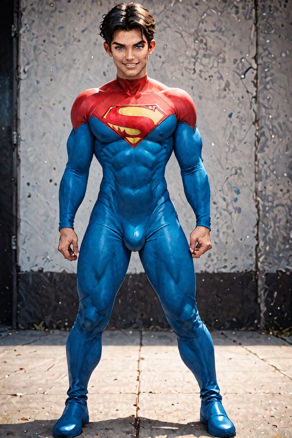 tall, male,solo, teenage, full_body, (((crotch_bulge))), agressive pose, Mischievous smile, in classic 3D animation style,jon kent, black hair, blue eyes, strong athletic body, ,impossible_fit, buff, masculine, crotch_bulge, superhero, long_sleeves,  blue knee_high boots,SuperGirl,<lora:659095807385103906:1.0>