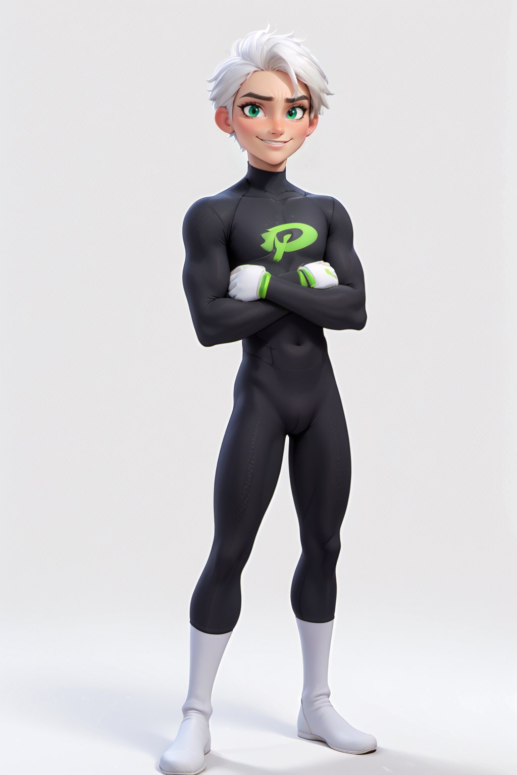 male,teenager, 18, full_body, big crotch_bulge, Mischievous smile, white hair, green eyes, strong athletic body, buff body,DannyPhantom, masculine,3d toon style,disney pixar style, black bodysuit, long white gloves, background lab,<lora:659095807385103906:1.0>