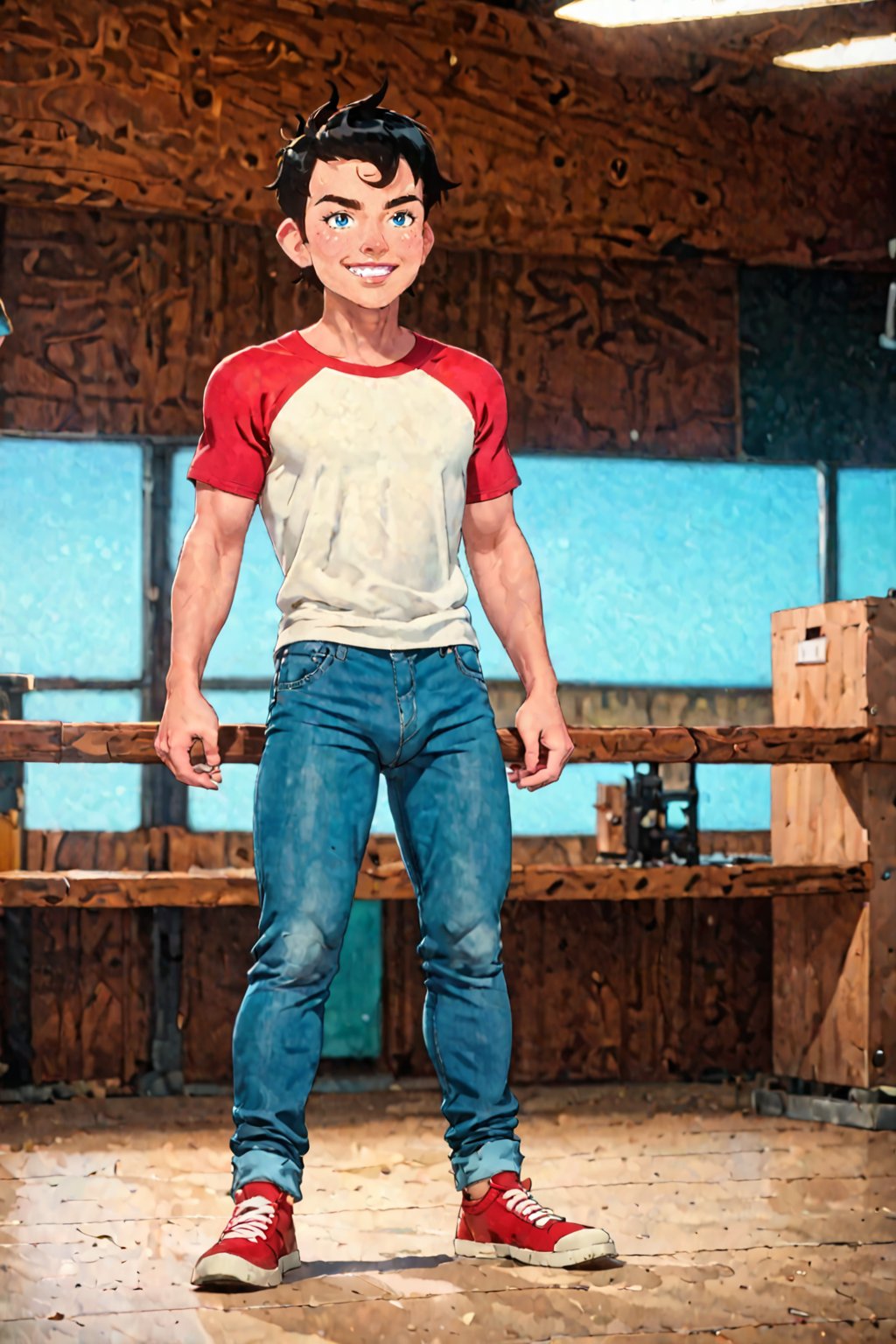 male,teenage, full_body, crotch_bulge, Mischievous smile, in classic 3D animation style,jon kent, black hair, blue eyes, strong athletic body, blue_jeans, plain red t-shirt,<lora:659095807385103906:1.0>