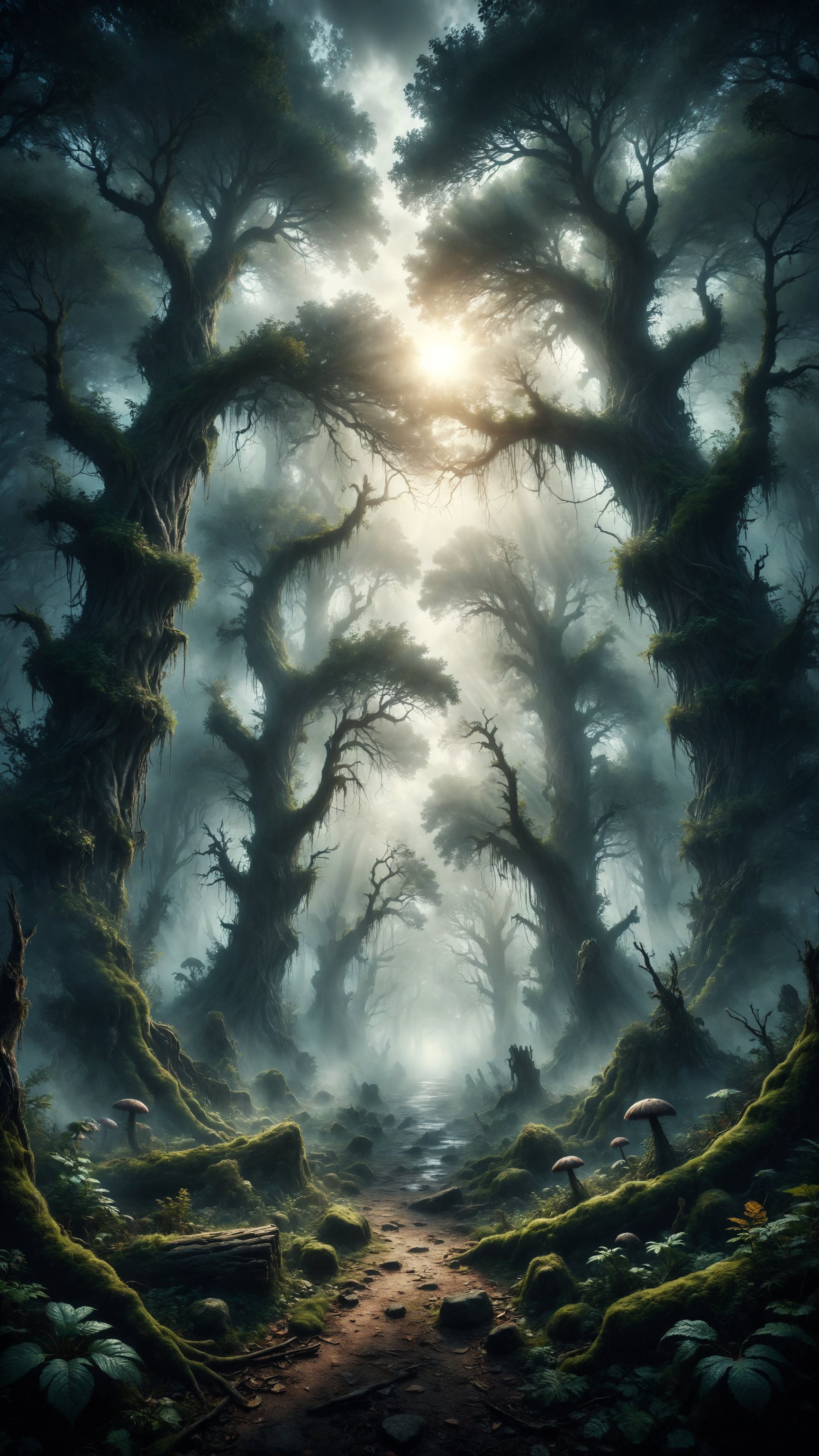 Create an illustration of an enchanted forest in the mist, with twisted trees and mysterious creatures lurking in the shadows. Filtered rays of light create a magical and mysterious atmosphere in the forest. Use dark and misty colors for an intriguing atmosphere.