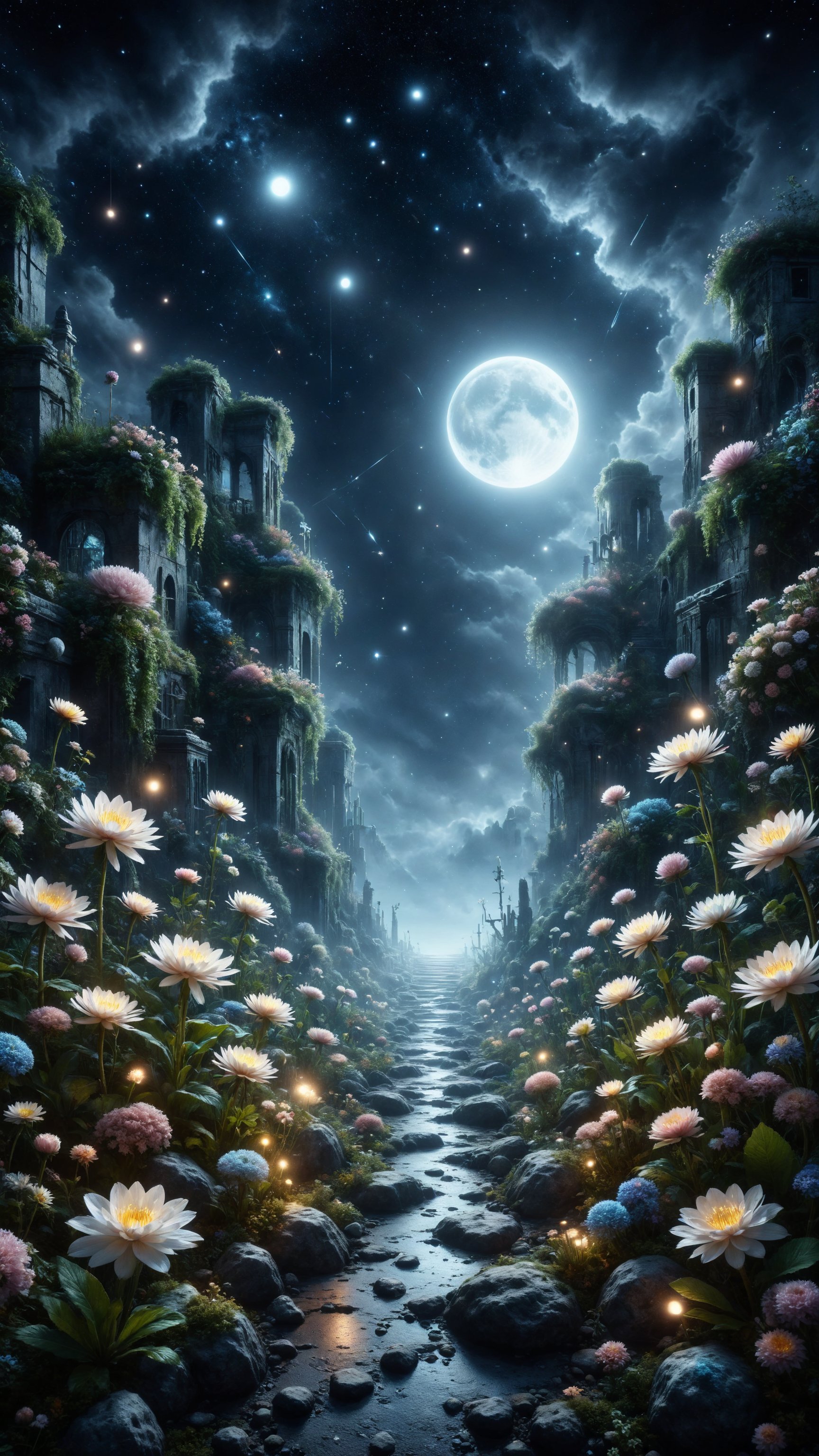 Design a scene of a lunar garden, with luminous plants glowing in the darkness and flowers blooming under the silver light of the moon. In the sky, there are constellations and bright stars creating a celestial display. Use soft and cool colors for an ethereal atmosphere.