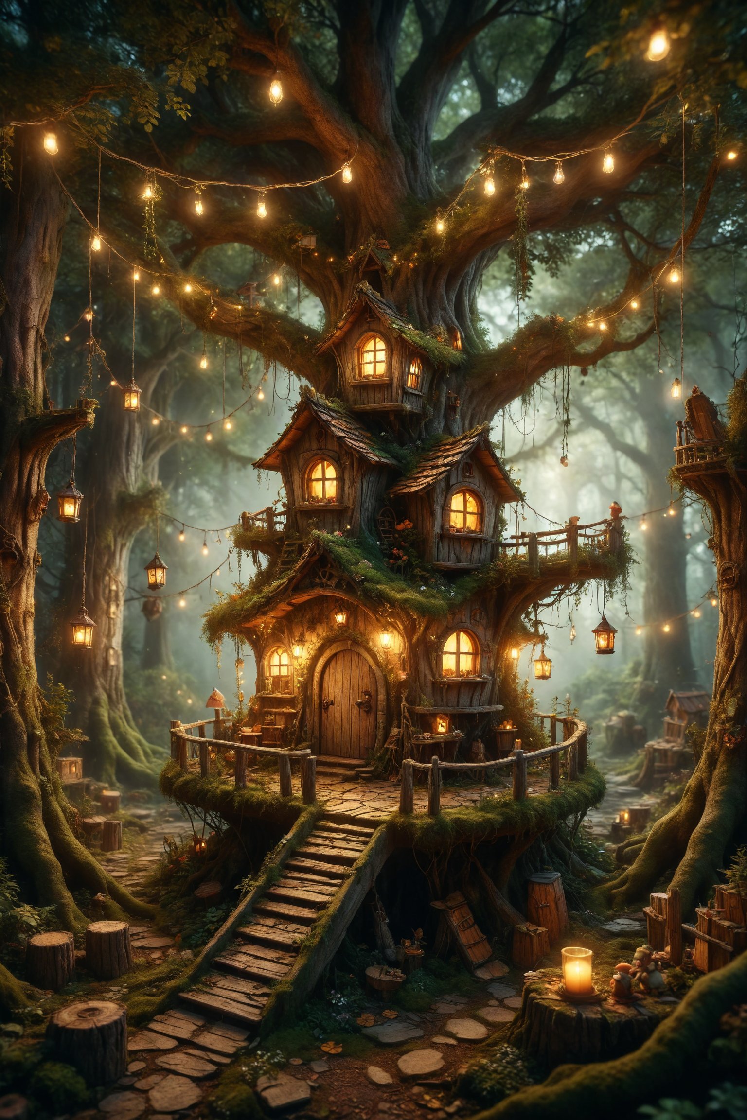 Generate an image of an enchanted forest with treehouses inhabited by elves and children. The trees are decorated with fairy lights, and the houses have hanging bridges and slides connecting them. Children and elves play together, exploring the magical forest and sharing stories. Use warm colors and magical details to highlight the harmony and fun of the enchanted forest.