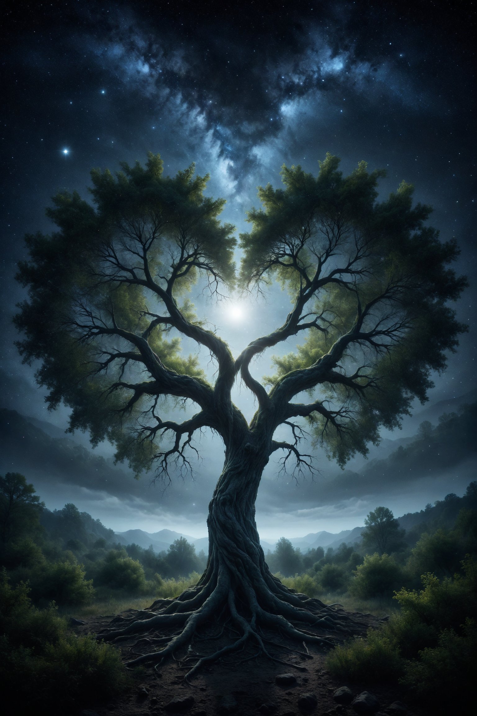 Two trees intertwined by their branches, forming a heart in the night sky, where stars shine as witnesses of eternal love.