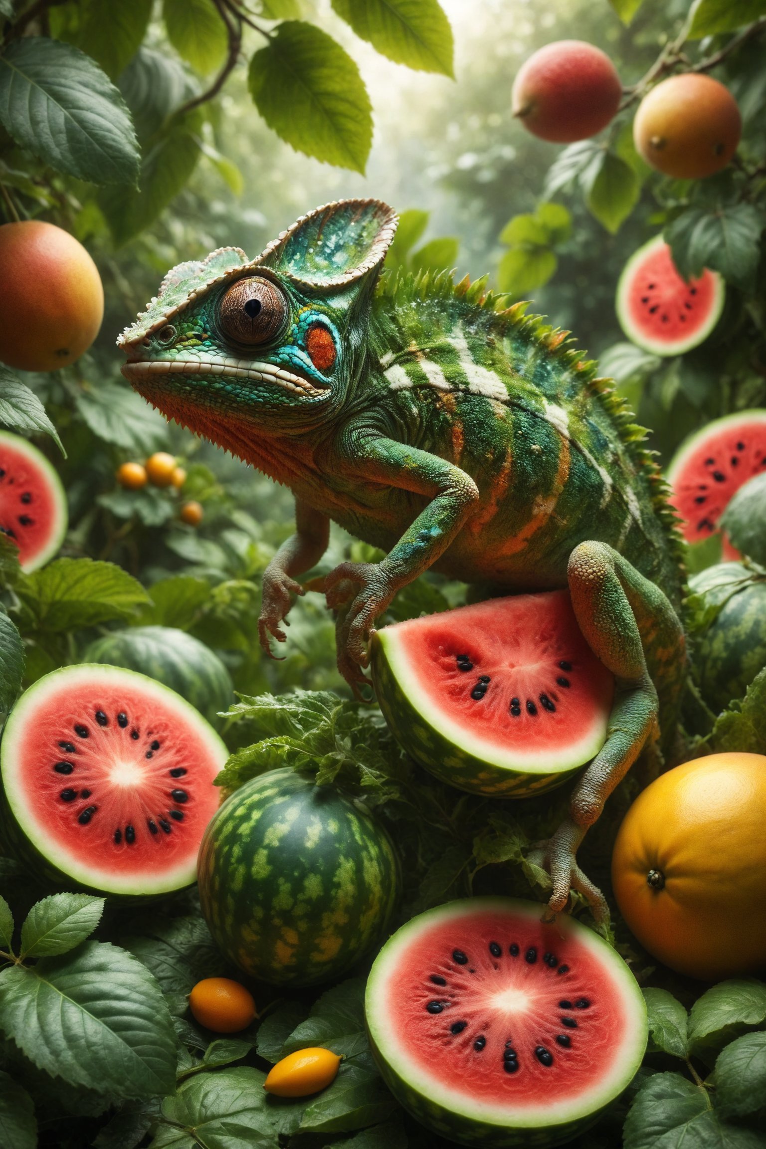 Generate an image of a chameleon made of tropical fruits. Its body is covered in watermelon rinds, its legs are bananas, and its tongue is a slice of mango. The chameleon camouflages among the leaves of a watermelon plant in a sunny garden. Use green and red colors to highlight the camouflage ability and peculiarity of the fruit chameleon.