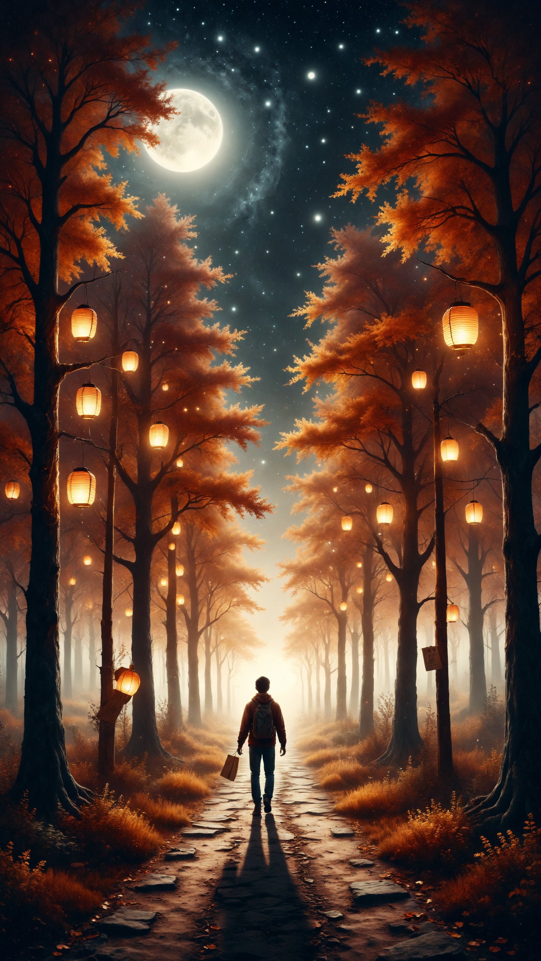 Create an illustration of a person holding a paper lantern while walking along a path surrounded by luminous trees shining in the darkness, with a full moon and stars shining in the night sky. Use warm and dark colors for a magical and mysterious atmosphere.