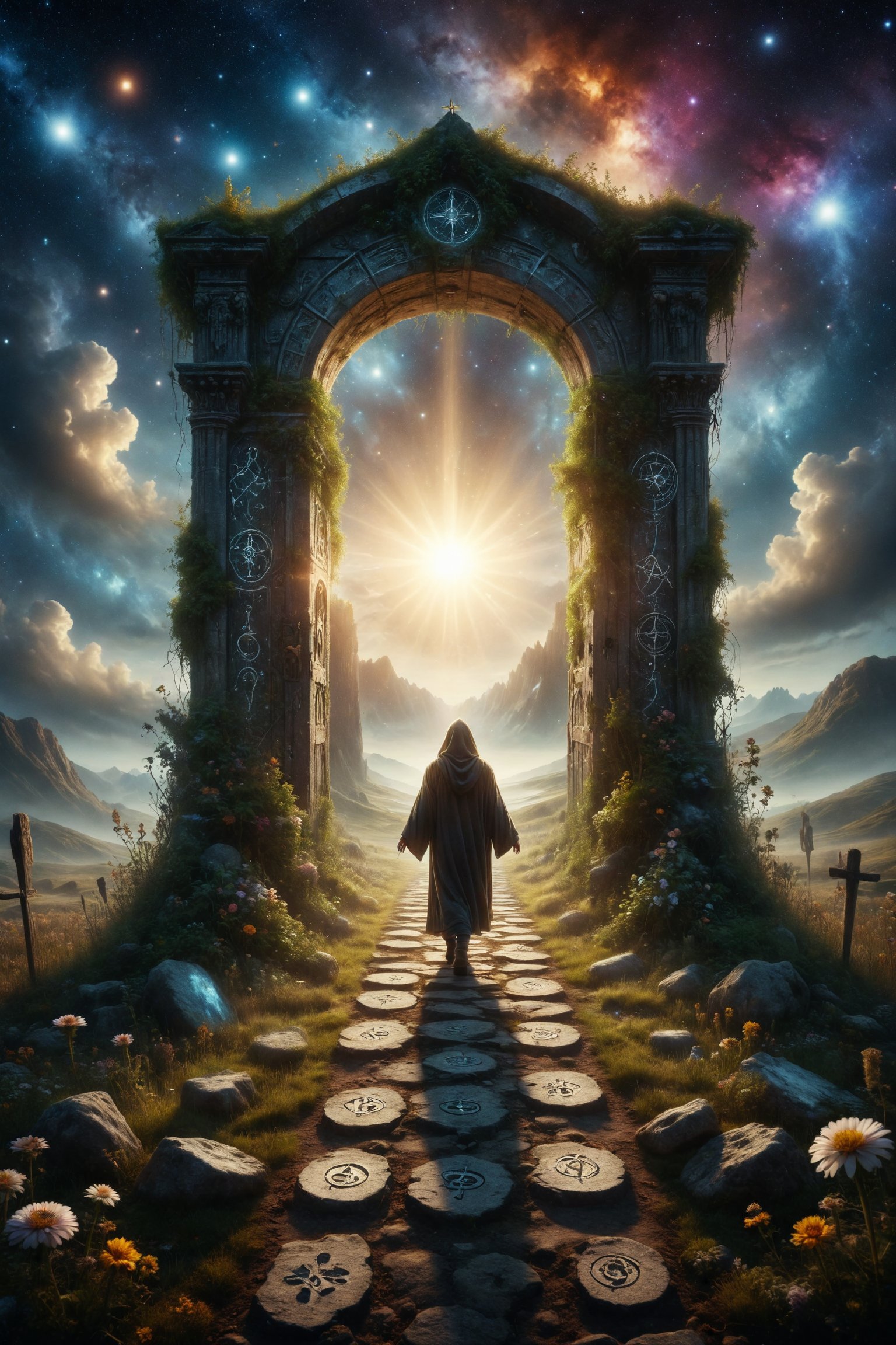 A portal of light opens amidst a field of stars, with tarot symbols dancing on its threshold, while a hooded figure crosses the threshold into the unknown, representing the exploration of hidden realms.