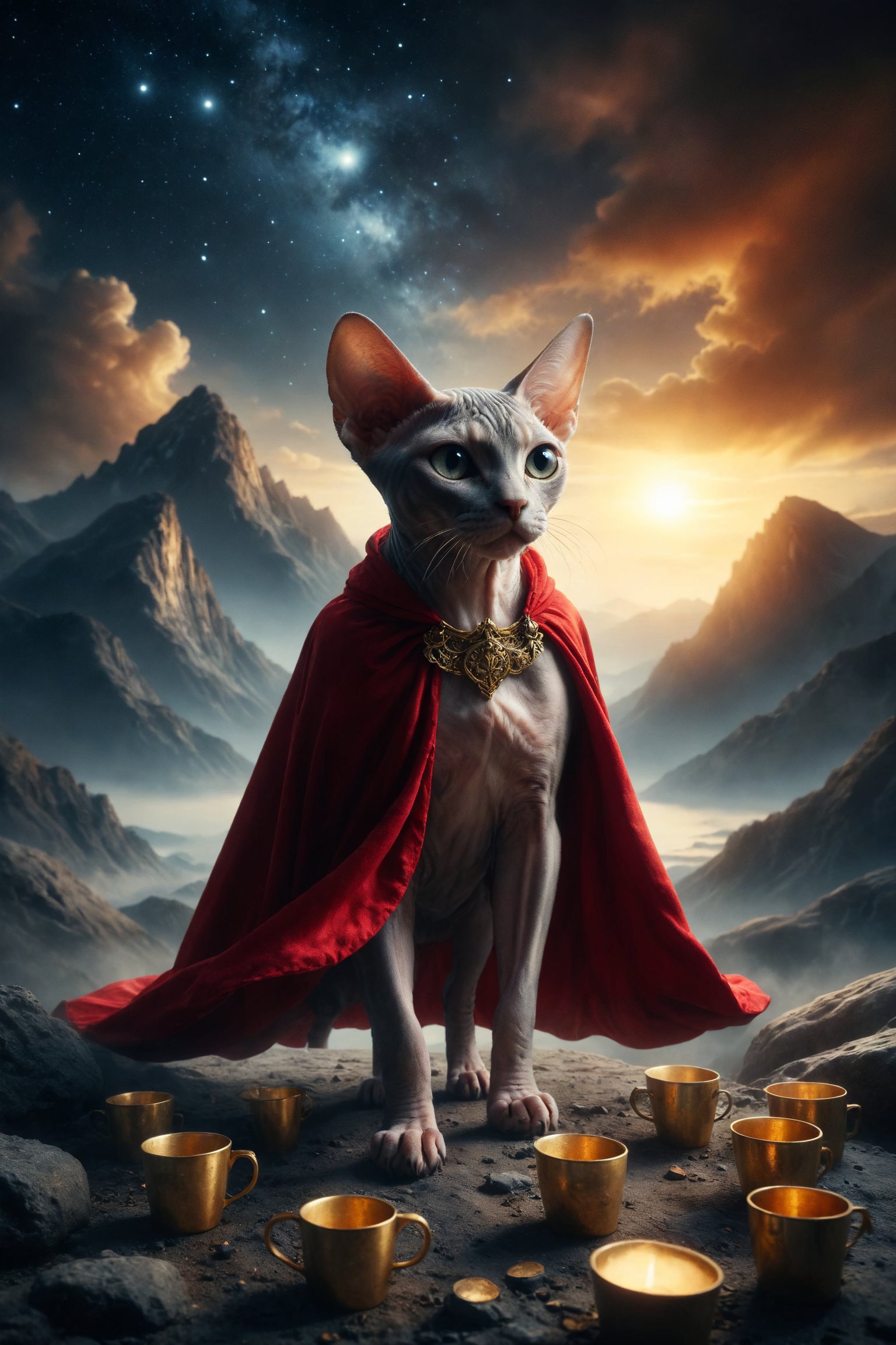 Design a scene of a Sphynx cat walking towards a mountain, facing away and wearing a red cape, walking under a night sky, and behind him you must make 8 gold metal cups