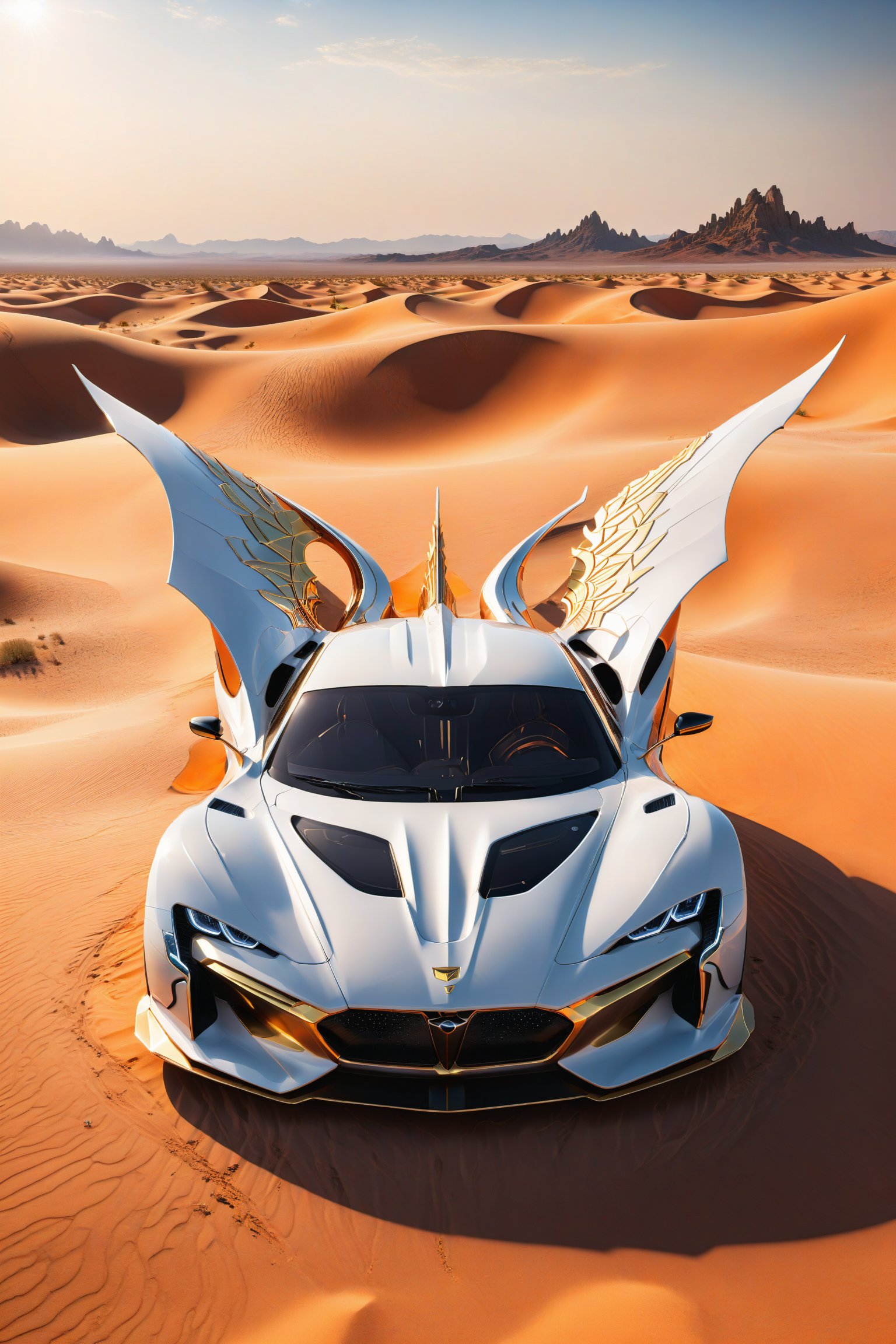 High definition photorealistic render of an orange and white luxury super car, located in a sandy desert with the incandescent sun and giant captus, and a mystical and enigmatic place. In the background, a parametric sculpture emerges adorned with dragon wings, made of metal, marble and iridescent glass, embellished with precious diamonds. Symmetrical curves resembling a dragon's wings adorn a black and white marble background, accented with gold accents and chaotic Swarovski elements, inspired by the style of Zaha Hadid and exhibiting golden iridescence. The design is reminiscent of Tomorrowland 2022's main stage, incorporating ultra-realistic Art Deco elements and a high level of image complexity.