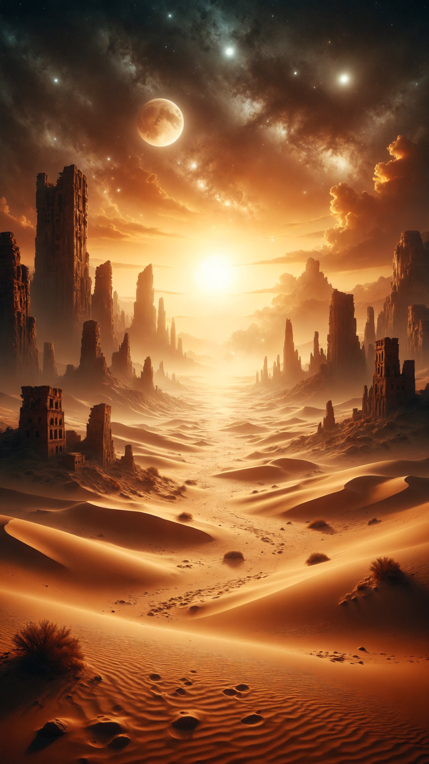 Generate an image of a surreal desert landscape, with sand dunes shimmering under a sky full of stars and a bright full moon. On the horizon, ancient and mysterious structures emerge from the sand. Use a palette of warm and earthy colors to highlight the texture of the desert.