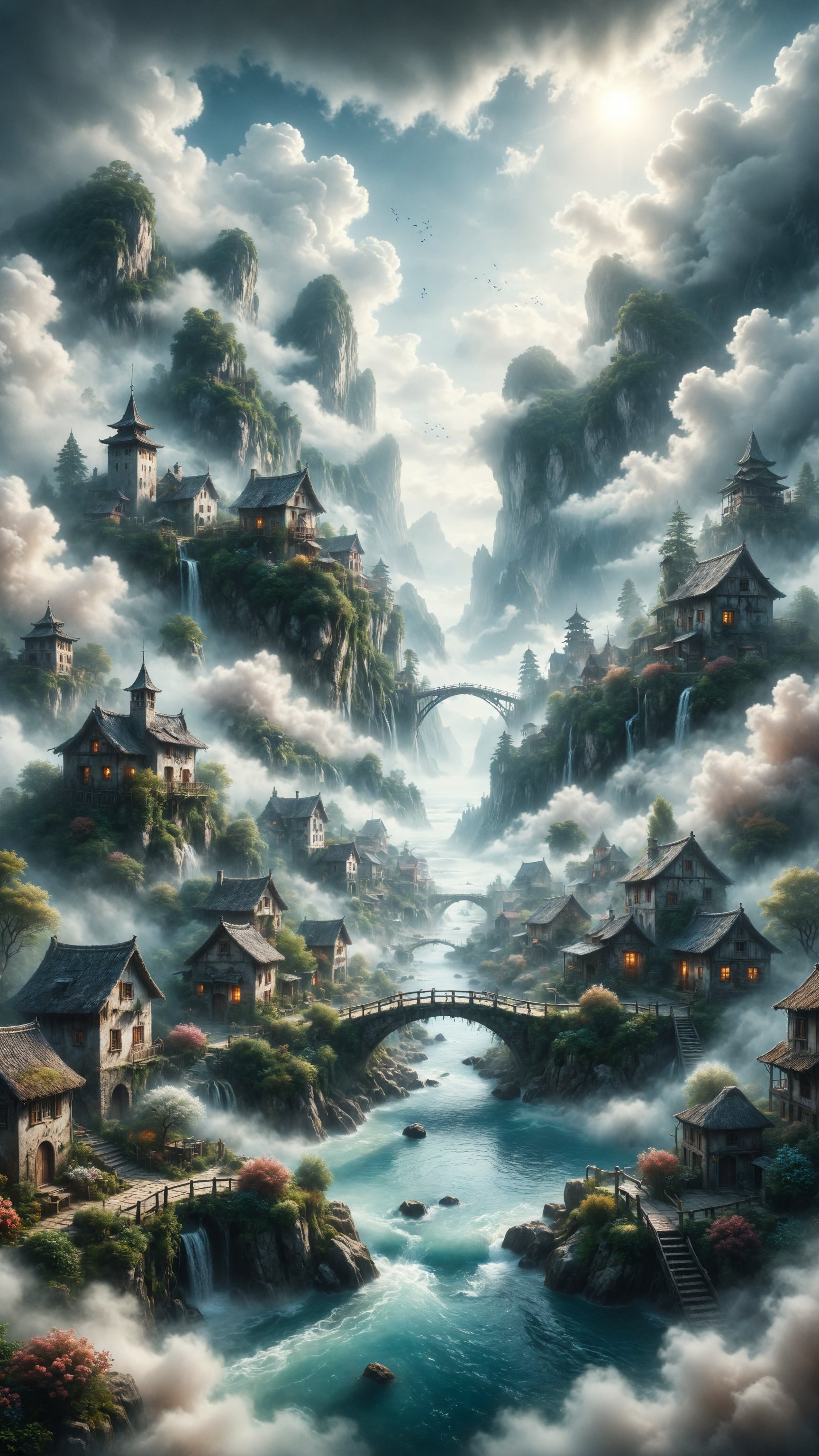 Design a scene of a village suspended in the clouds, with quaint houses and arched bridges intertwining among the fluffy clouds. On the horizon, floating mountains and cascades of crystalline water rise up. Use soft and ethereal colors for an airy atmosphere.