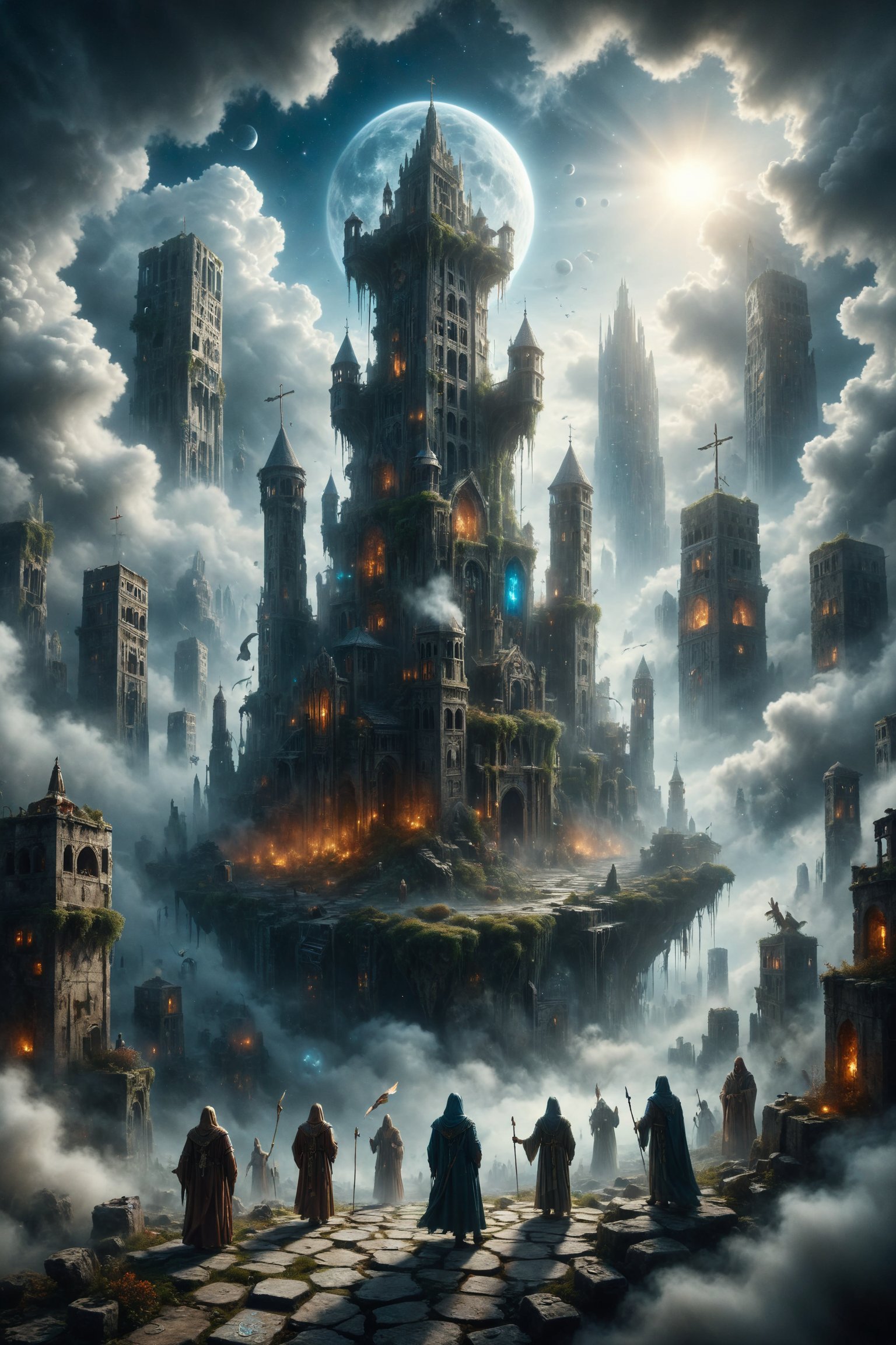 A floating city rises above a sea of clouds, with tarot symbols carved into its crystal walls, while a procession of masked figures parades through its streets in a ritual dance, representing the search for lost wisdom.