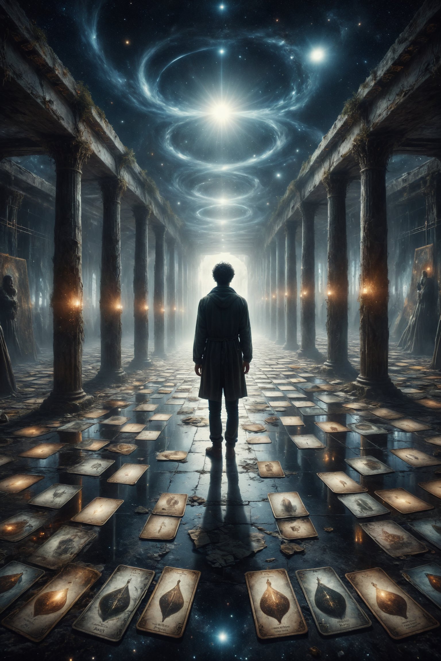 A labyrinth of mirrors stretches into infinity, with tarot cards floating at its center like stars in the cosmos, while a solitary figure confronts its own reflection in the search for inner truth.