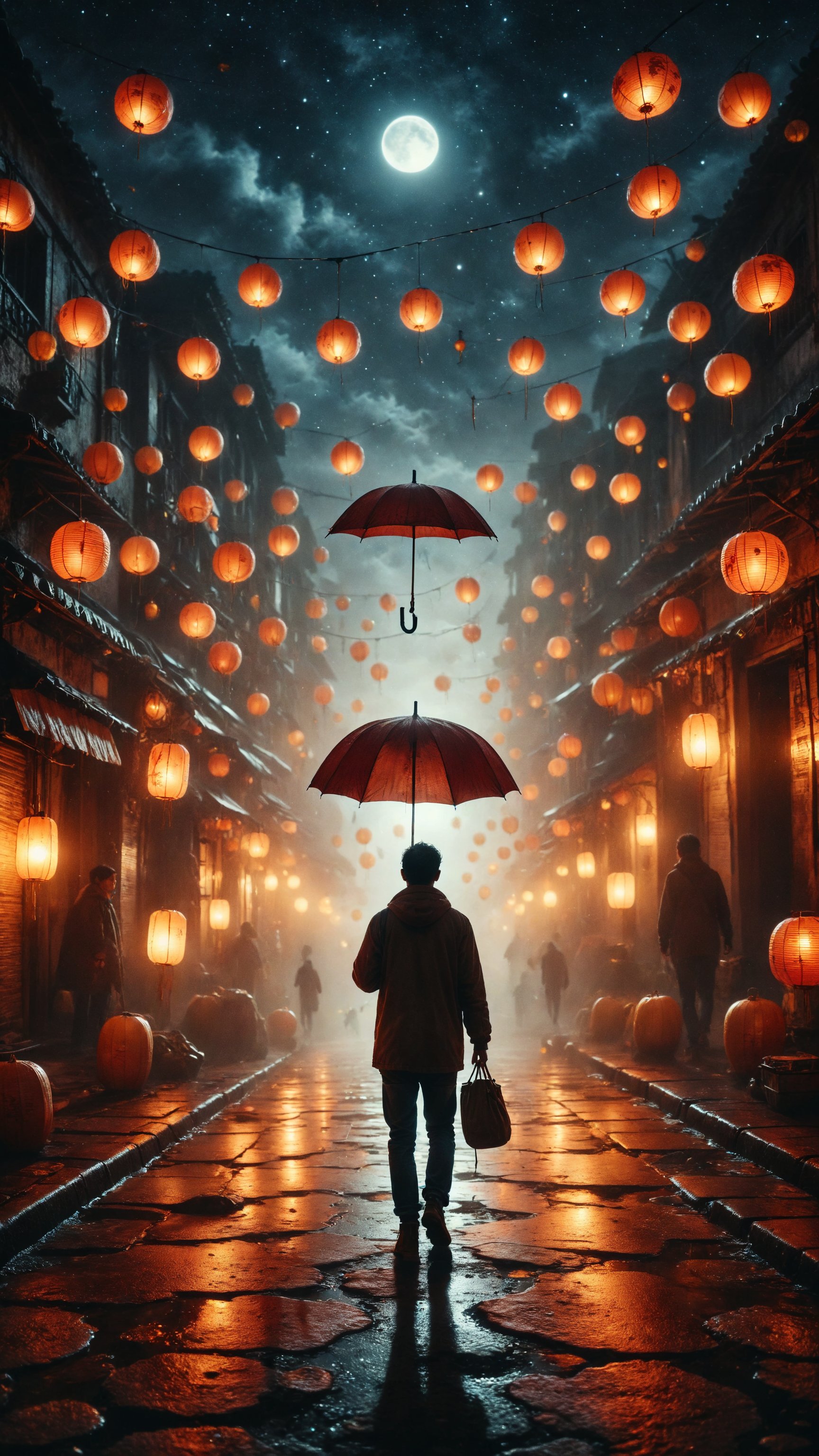 Generate an image of a person holding an umbrella while walking down a street illuminated by floating lanterns shining in the night, with a starry sky and a full moon shining in the background. Use a palette of warm and vibrant colors.