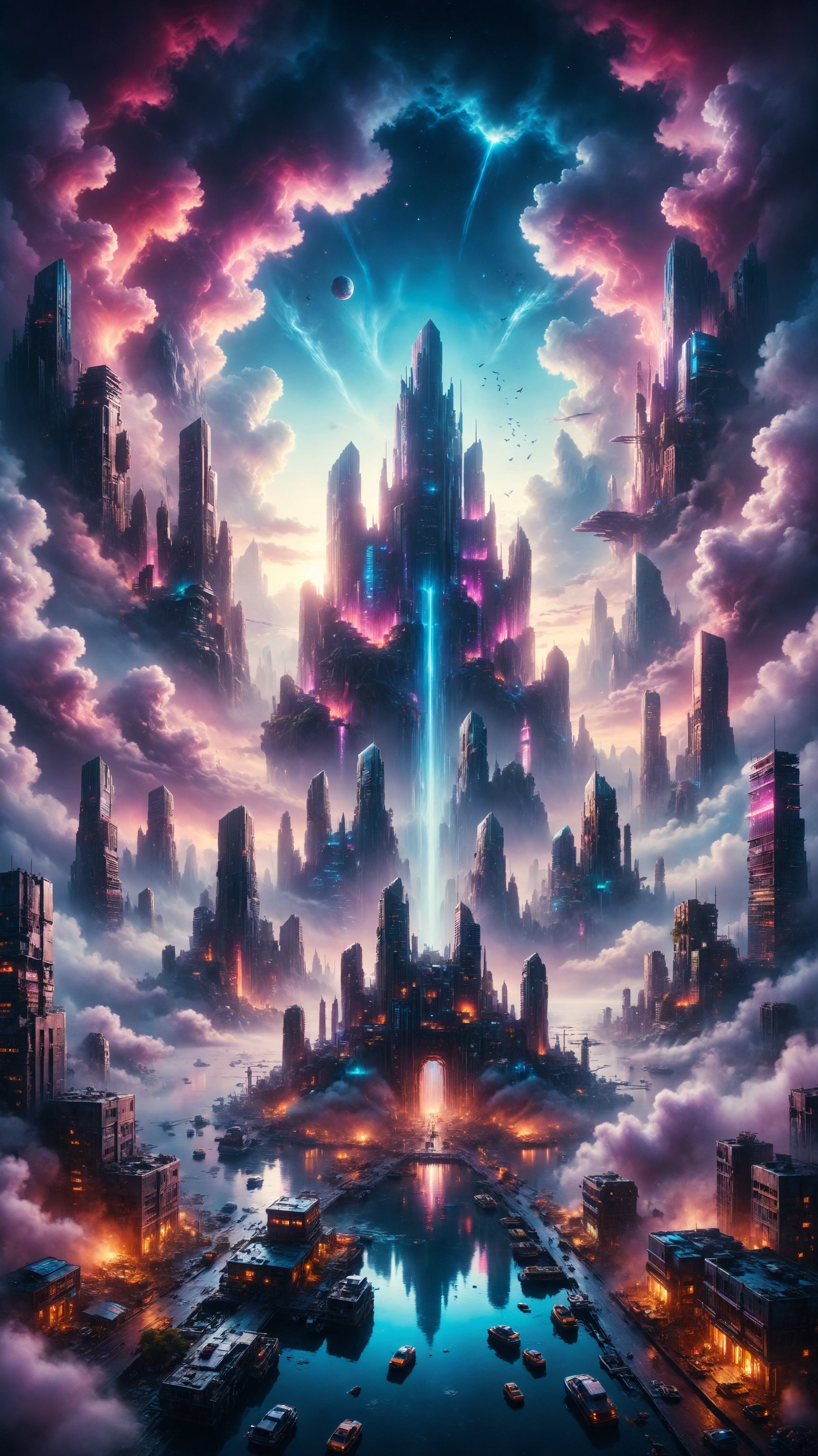 enerate an image of a floating city in the sky, with crystal buildings and winding streets glowing with neon lights. On the horizon, floating mountains and cascades of light rise from the clouds. Use a palette of bright and futuristic colors.