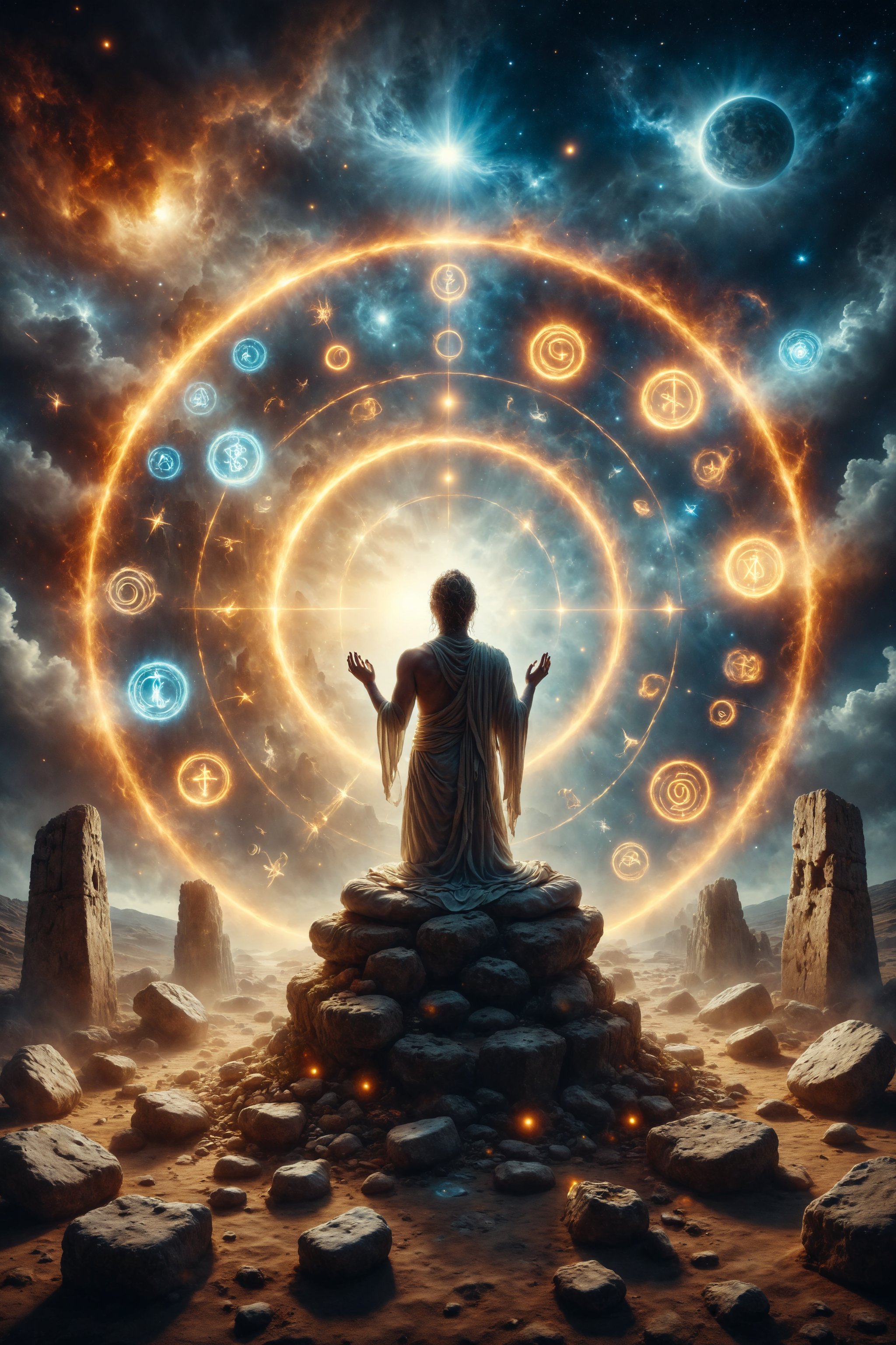 A whirlwind of wind and light spins around a circle of ancient stones, with tarot symbols glowing in the air, while a meditating figure floats at the center, absorbing cosmic energy and ancient wisdom.