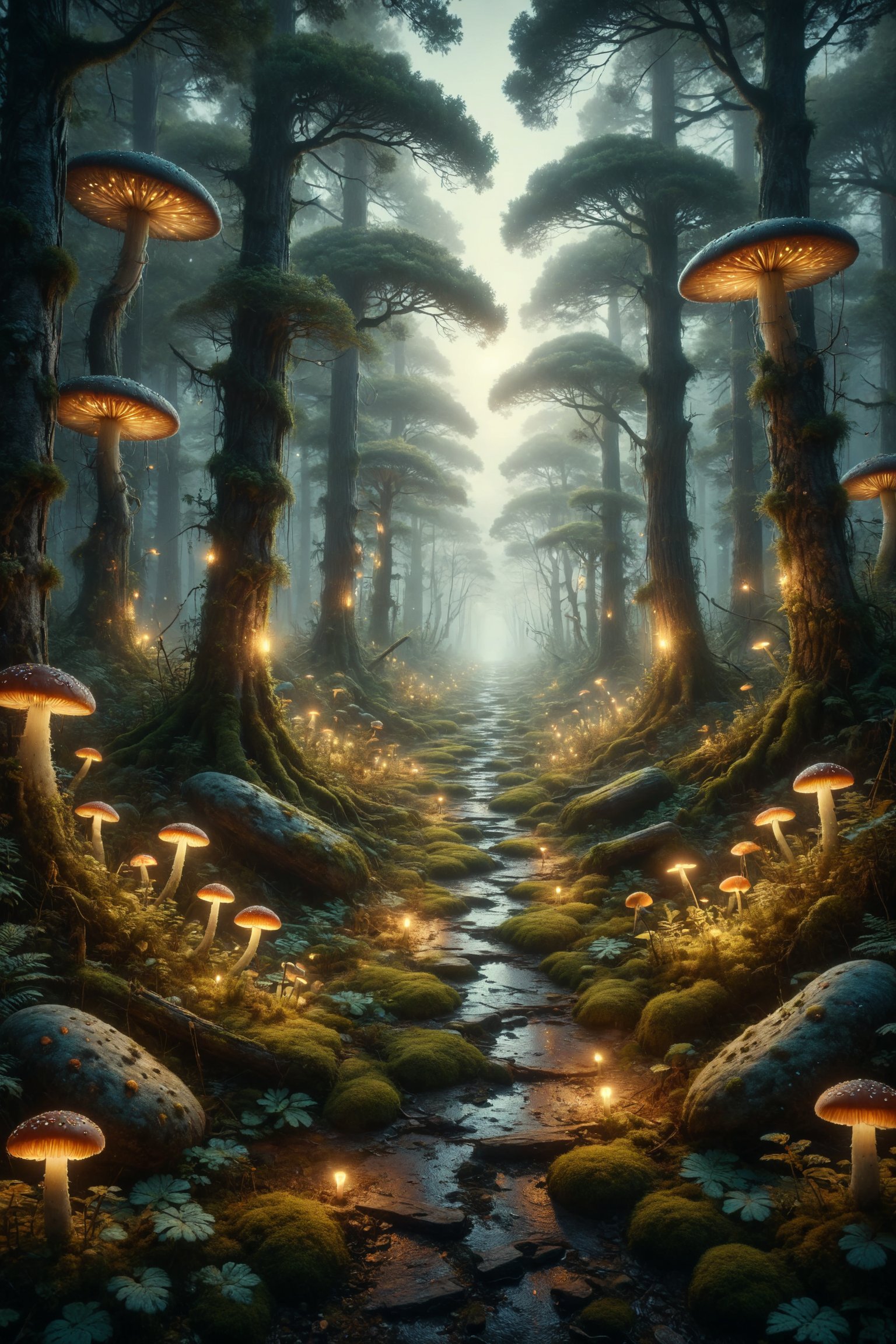 Generate an image of a winding path through a bioluminescent forest, where fireflies dance in the air and mushrooms emit a soft glow from the forest floor. Trees are covered in glowing lichens that light the way for nocturnal travelers with a soft and warm light. Use a palette of soft and warm colors to highlight the tranquility and beauty of the forest.