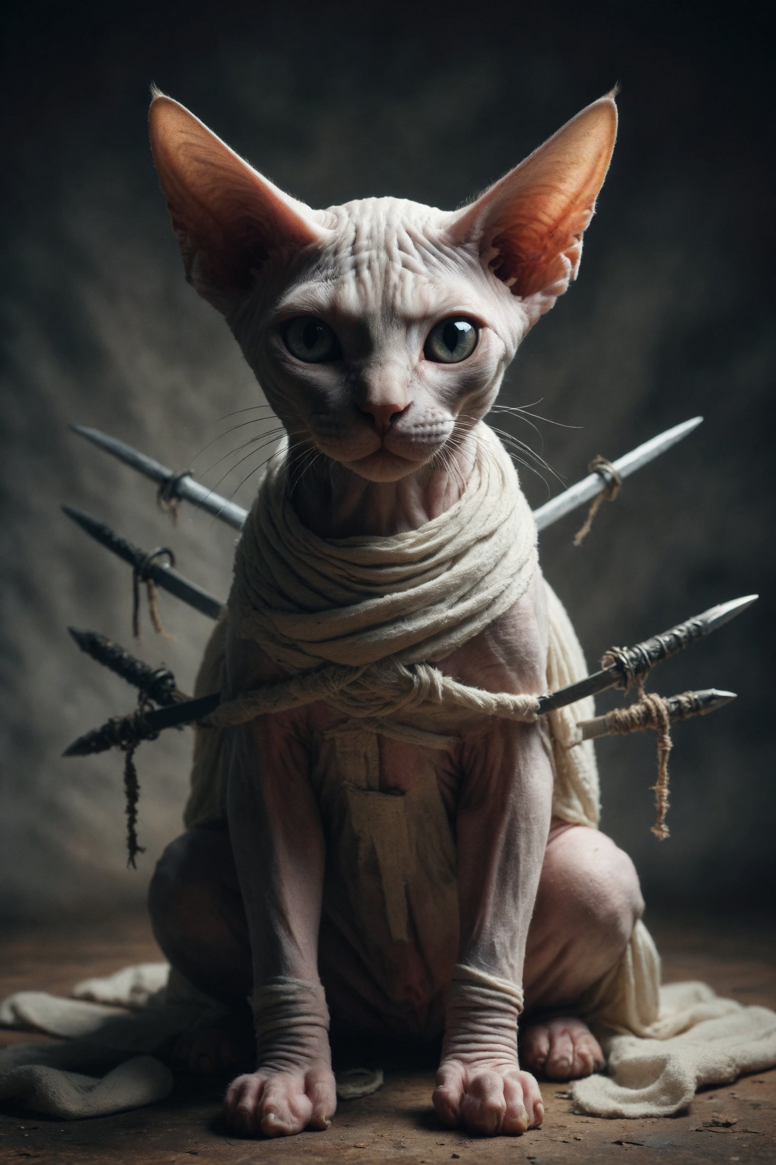 Design a scene of a Sphynx cat trapped between 8 swords, with its entire body tied by cloth bandages even up to its eyes, unable to move