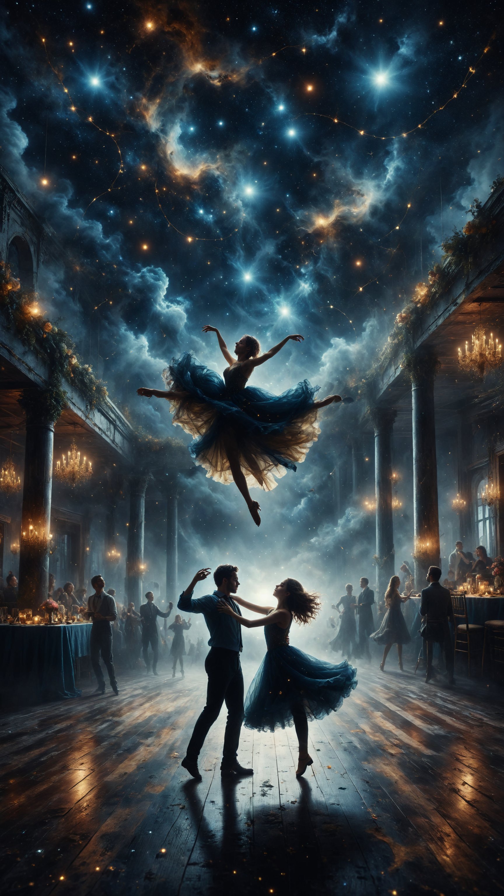 Design a scene of a couple dancing in a floating ballroom in the sky, with stars and constellations shining around them. Use a palette of dark and bright colors like black, blue, and gold for a magical and romantic atmosphere.