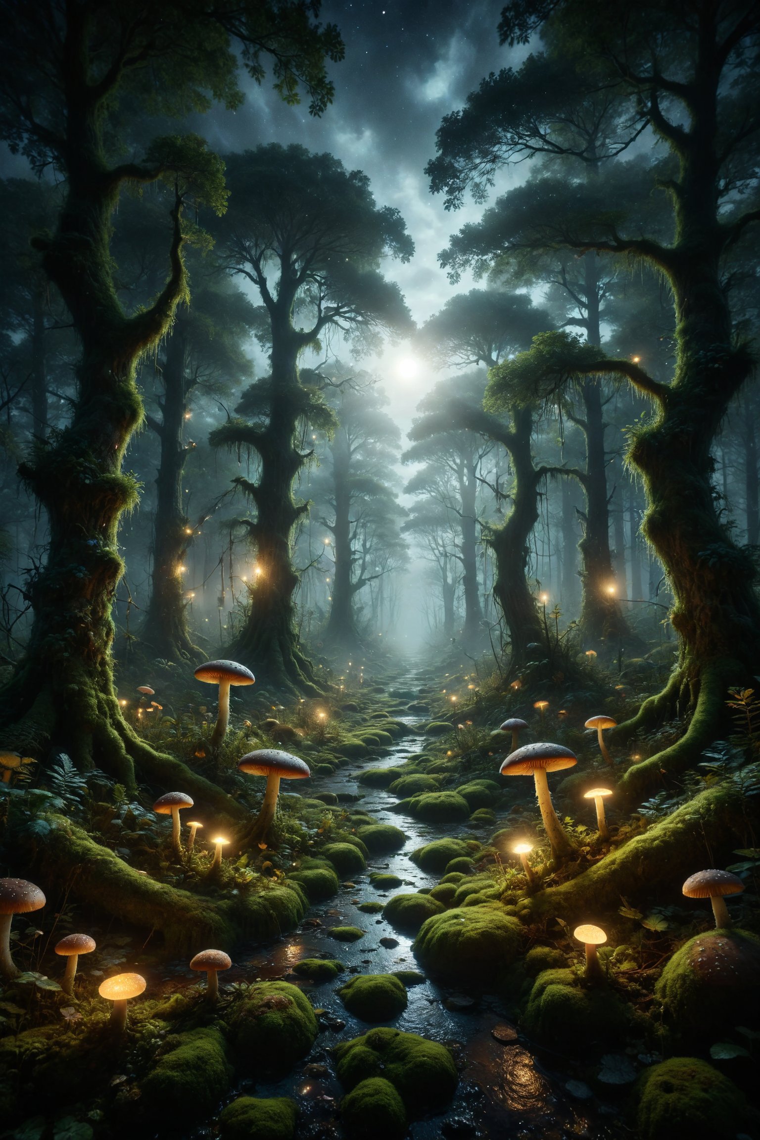 Generate an image of a bioluminescent forest at night, where trees are adorned with fungi and plants that emit a soft and mysterious light. The forest floor is covered in glowing moss that shines under the light of fireflies. Moonlight rays penetrate through the branches, creating a magical and enchanted atmosphere.