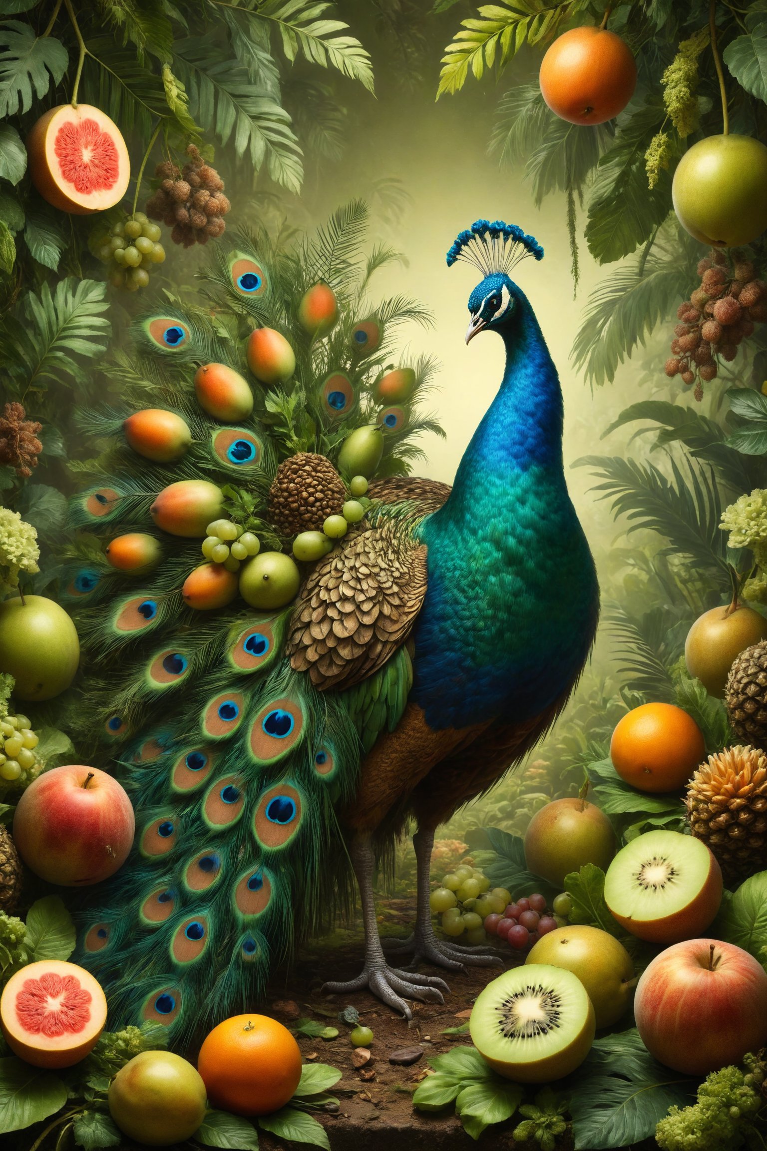 Create an illustration of a peacock made of exotic fruits. Its feathers are kiwi slices, its body is a melon, and its legs are celery stalks. The peacock displays its tail in a lush garden filled with tropical plants. Use a palette of green and brown colors to highlight the eccentricity and beauty of the fruit peacock.