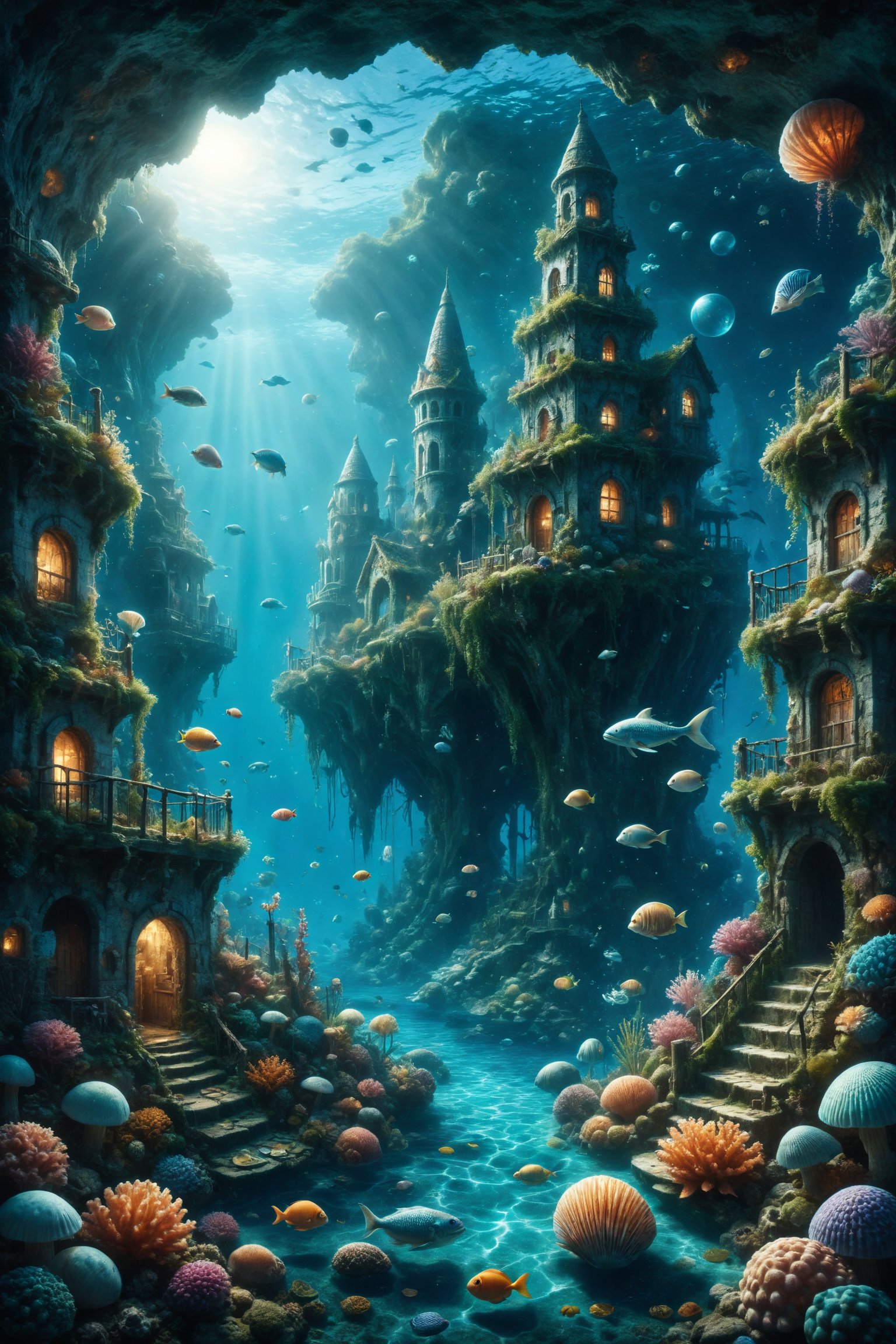 Create an illustration of an underwater city inhabited by mermaid children. The houses are made of shells and corals, and there are playgrounds with seaweed slides and bubble swings. The mermaid children play with colorful fish and explore underwater caves full of shining treasures. Use a palette of blue and turquoise colors to highlight the beauty and adventure of the underwater city.