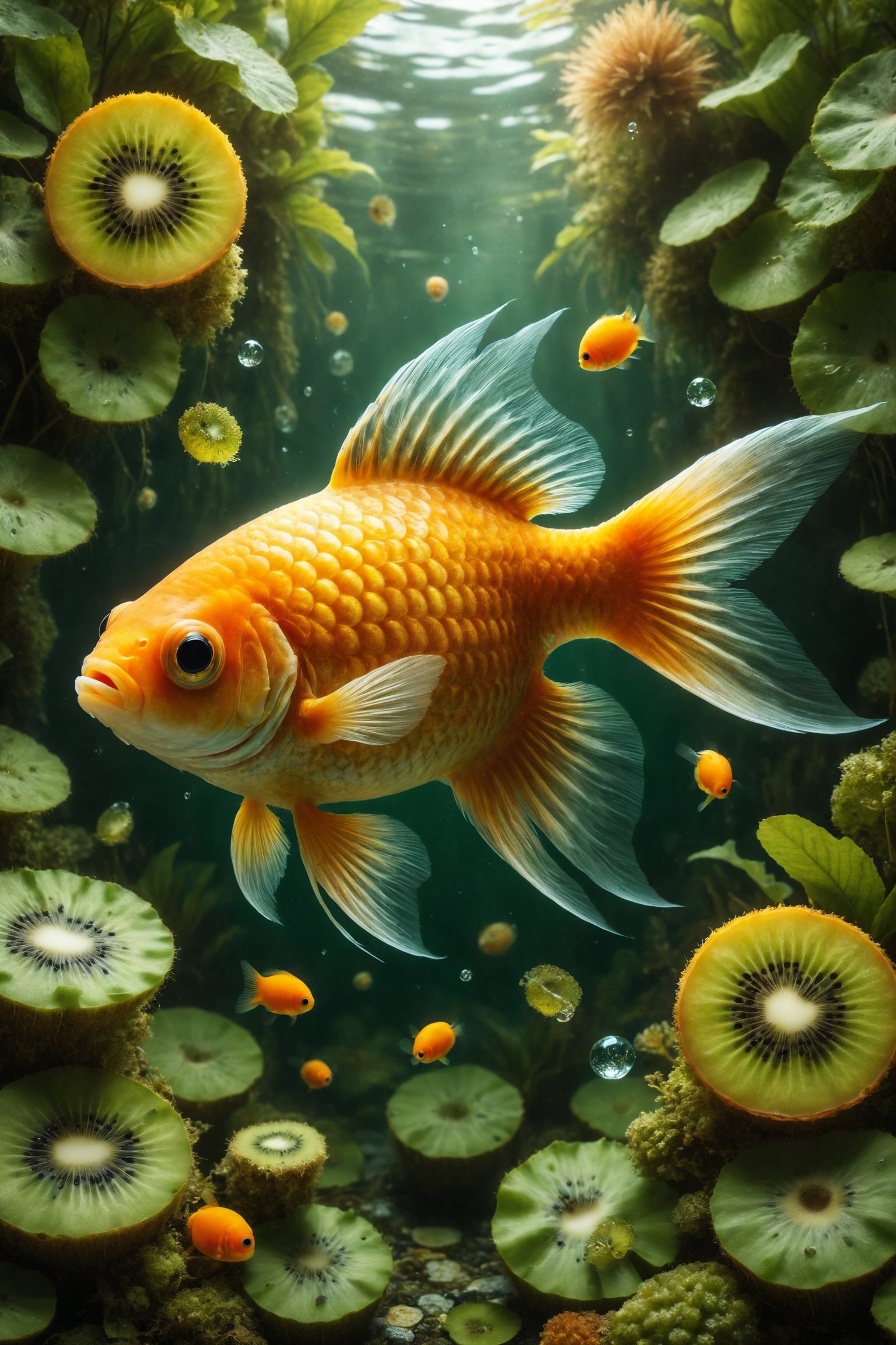 Generate an image of a goldfish with kiwi scales and fins shaped like kiwi slices. The fish swims in a crystal-clear lake surrounded by aquatic plants and floating fruits. Use a palette of green and golden colors to highlight the freshness and originality of the kiwi-fish.