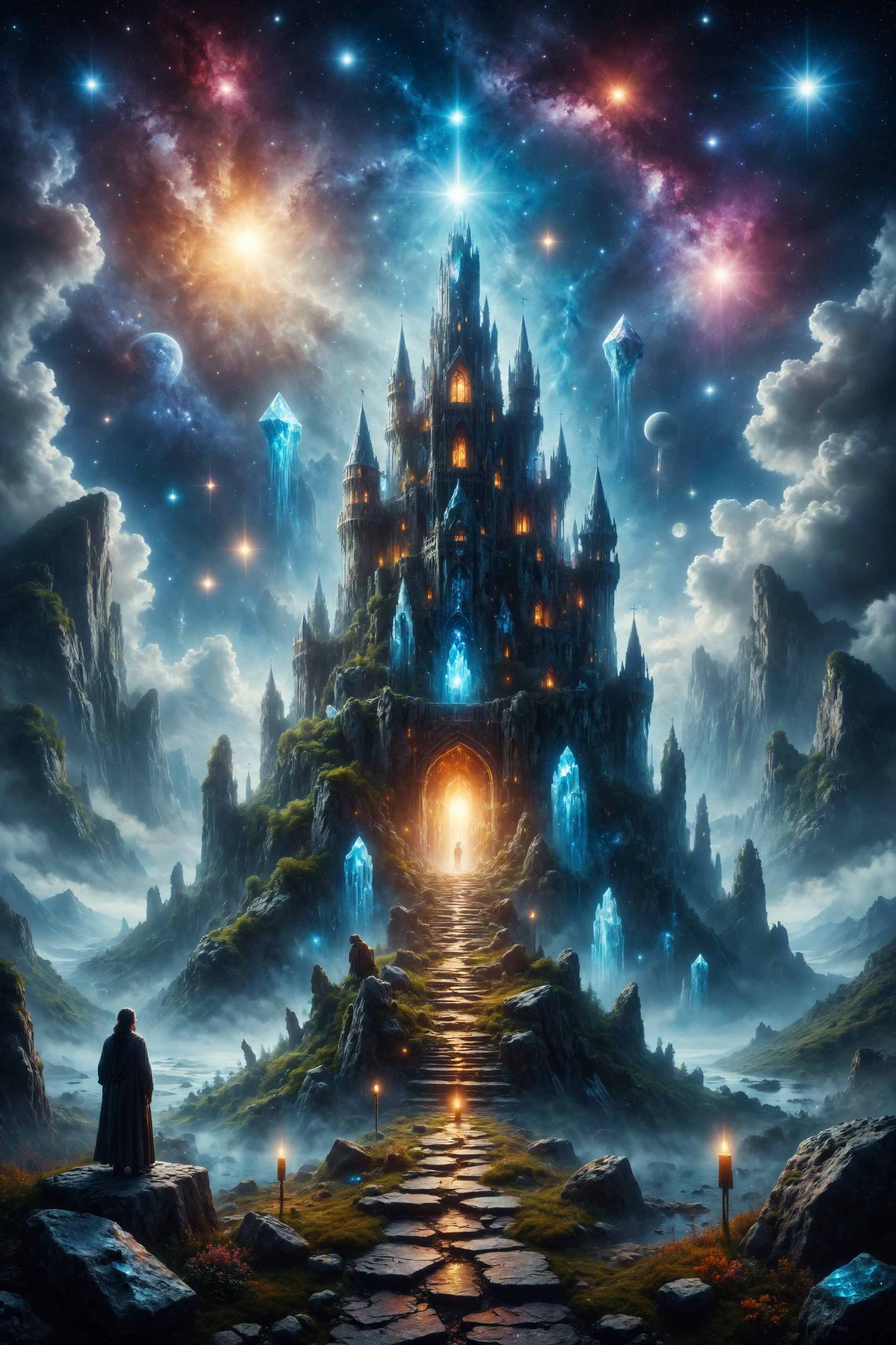 A crystal castle rises atop a floating mountain, with tarot symbols glowing on its towers, while a solitary figure approaches along a path of stars, representing the ascent to wisdom and enlightenment.