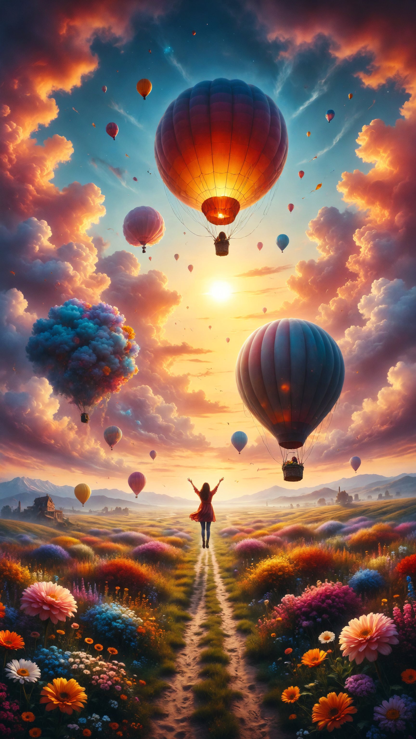 Design a scene of a person floating in a light balloon over a field of bright flowers stretching to the horizon, with a sky of changing colors at sunset. Use a palette of vibrant and bright colors to highlight the joy of the scene.