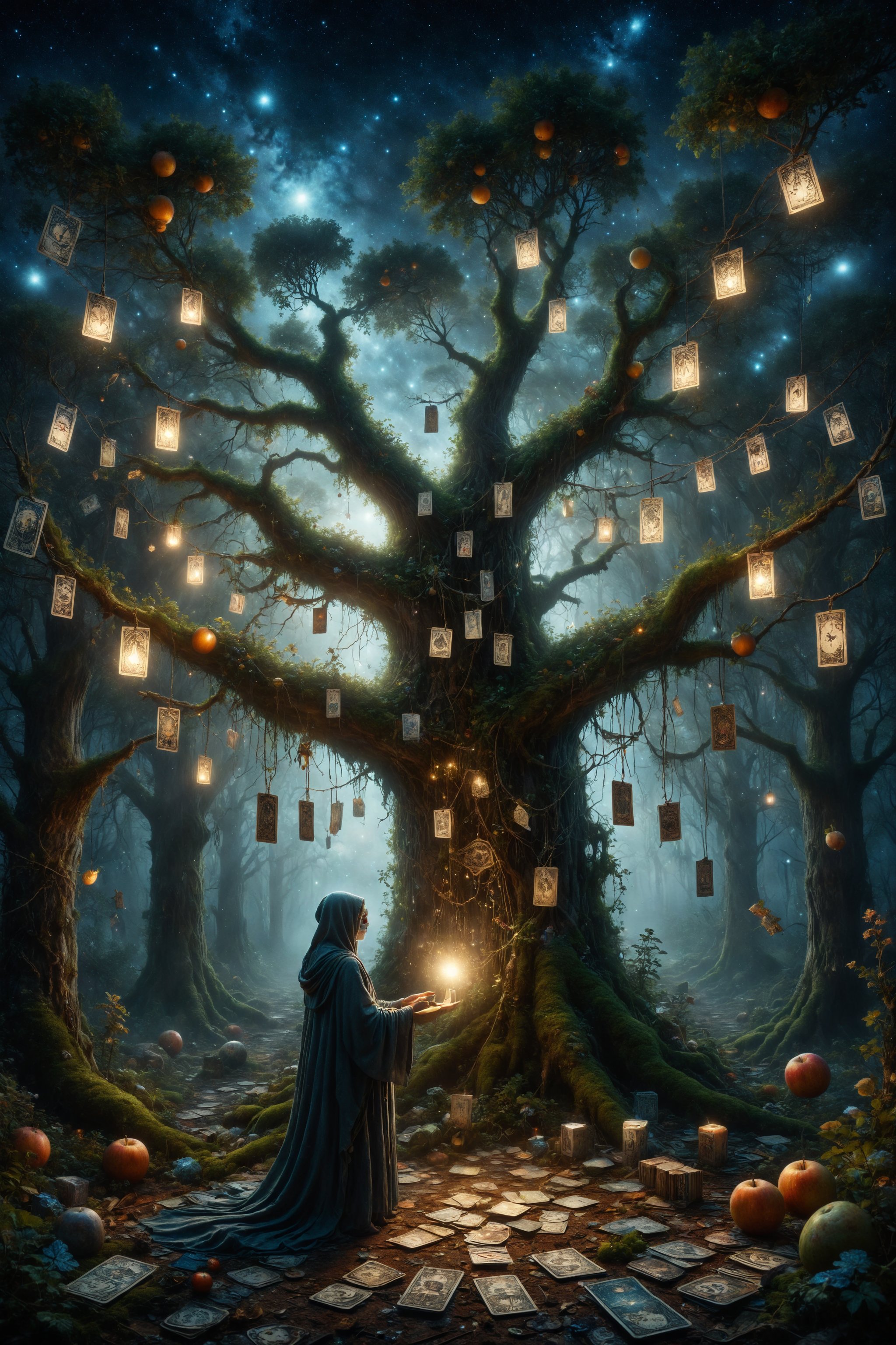 An enchanted forest unfolds under a starry sky, with tarot cards hanging from the branches like luminous fruit, while a masked figure collects the cards, symbolizing the gathering of hidden knowledge.