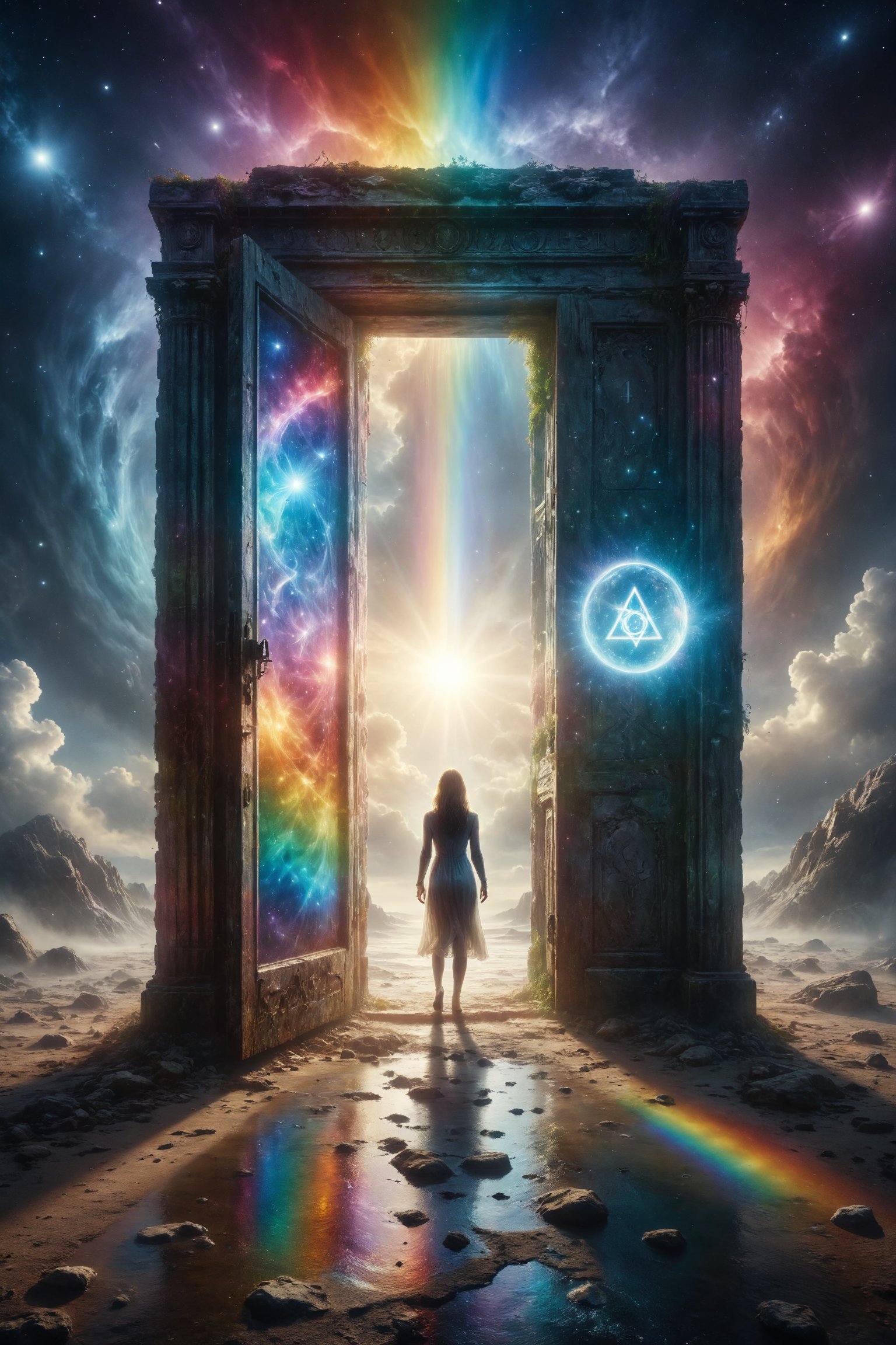 A giant door floats in the space between two crystal towers, with zodiac symbols engraved on its surface, while an ethereal figure approaches through a radiant rainbow, symbolizing the passage between worlds and connection with the cosmos.