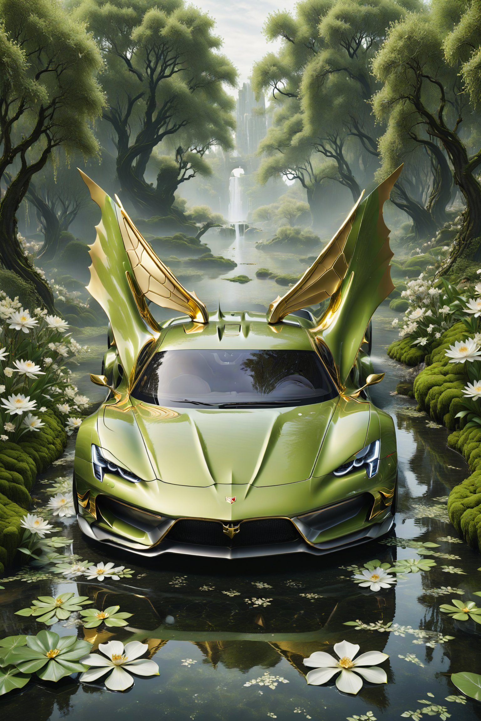 High definition photorealistic render of an olive green luxury super car, The car must be in front view, looking straight ahead located in an ancient swamp, with flowers in the olive green stream, and a mystical and enigmatic place. In the background, a parametric sculpture emerges adorned with dragon wings, made of metal, marble and iridescent glass, embellished with precious diamonds. Symmetrical curves resembling a dragon's wings adorn a black and white marble background, accented with gold accents and chaotic Swarovski elements, inspired by the style of Zaha Hadid and exhibiting golden iridescence. The design is reminiscent of Tomorrowland 2022's main stage, incorporating ultra-realistic Art Deco elements and a high level of image complexity.