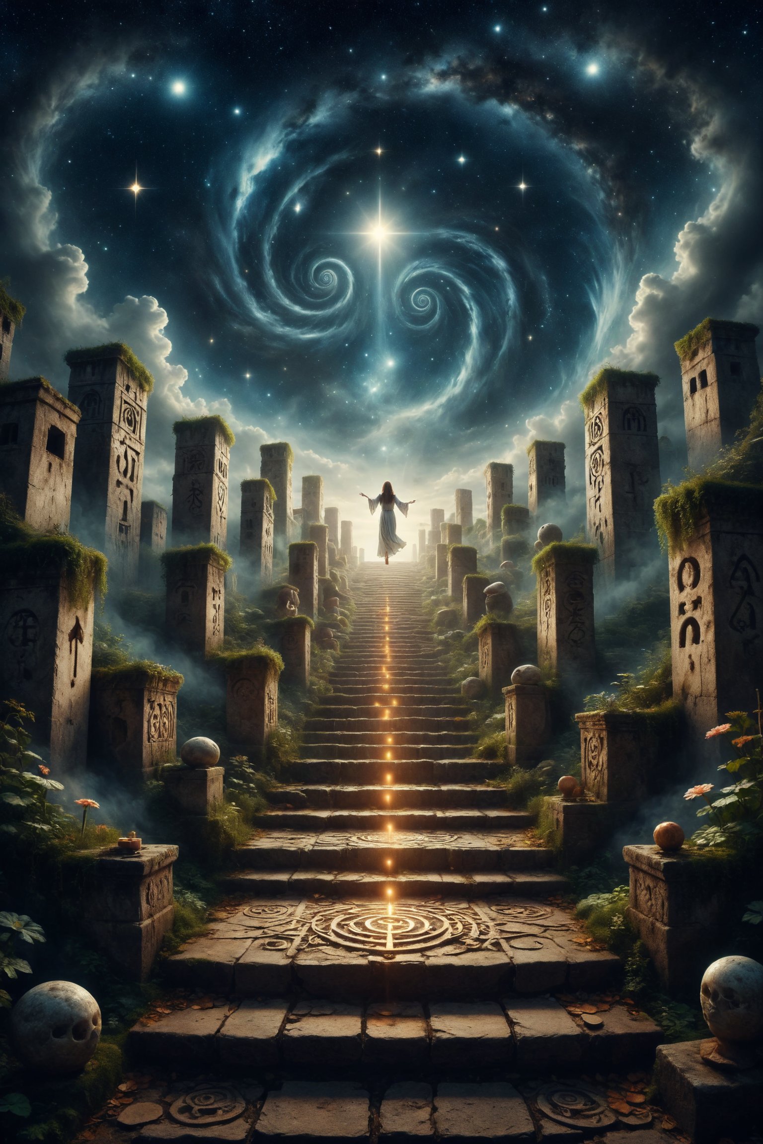 A labyrinth of winding staircases rises towards a starry sky, each step adorned with a tarot symbol, while a figure ascends to the top, symbolizing the inner journey and the quest for enlightenment.