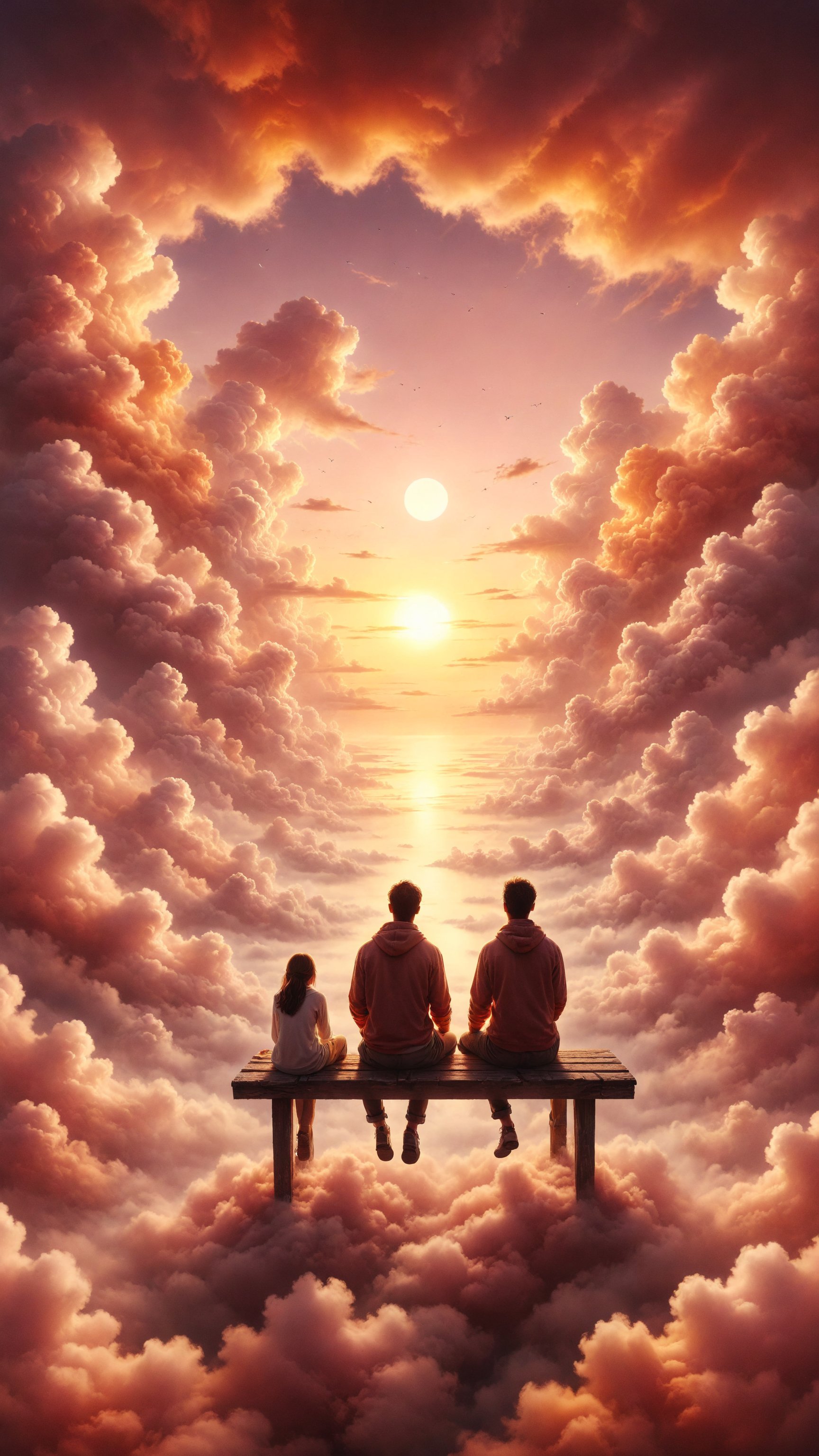 Create an illustration of a couple sitting on a cloud bench in the sky, watching a golden sunset over a sea of clouds in pink and orange tones. Use warm and soft colors for a romantic and relaxing atmosphere.