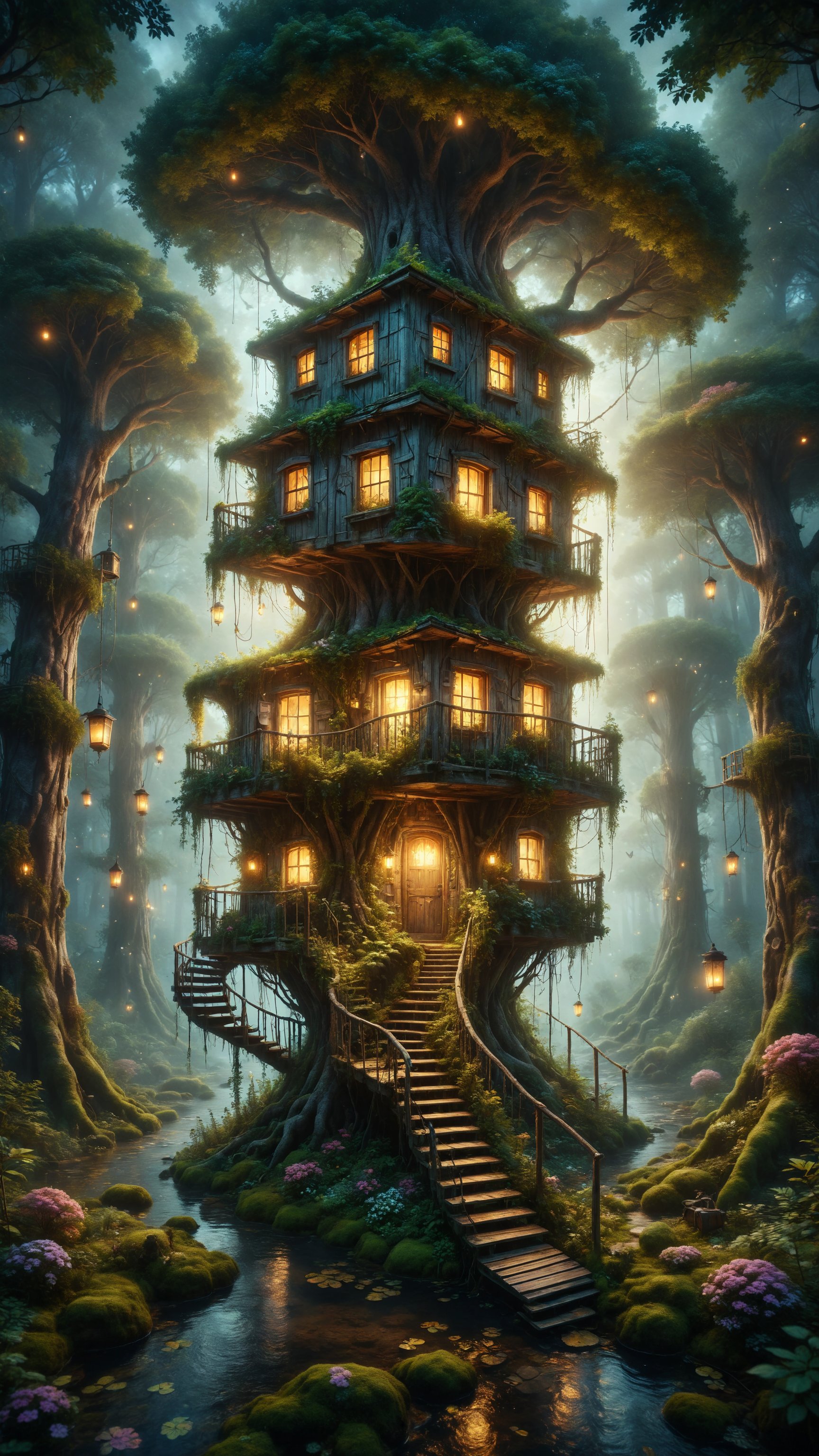 Generate an image of a floating treehouse in the middle of a magical forest, with spiral staircases winding around the trees and secret doors leading to rooms lit by fireflies. Use a palette of soft and bright colors to highlight the magical atmosphere.