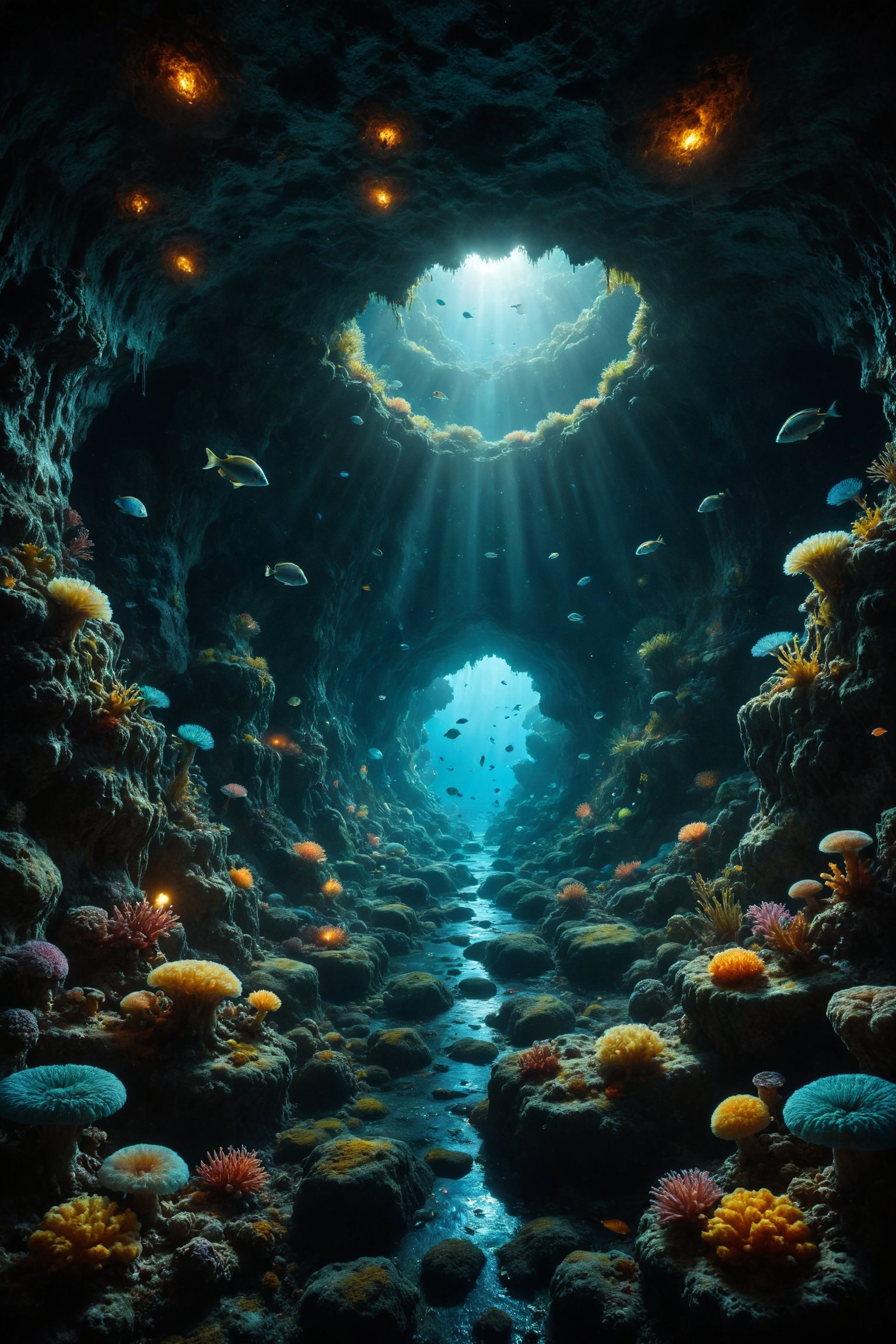 Generate an image of an underwater cave illuminated by bioluminescent light, where rocky walls are covered in colorful sponges and gorgonians. Schools of fish swim in circles around the cave entrance, while curious marine creatures explore the dark corners in search of food. Use a palette of dark and mysterious colors to highlight the atmosphere of the underwater cave.