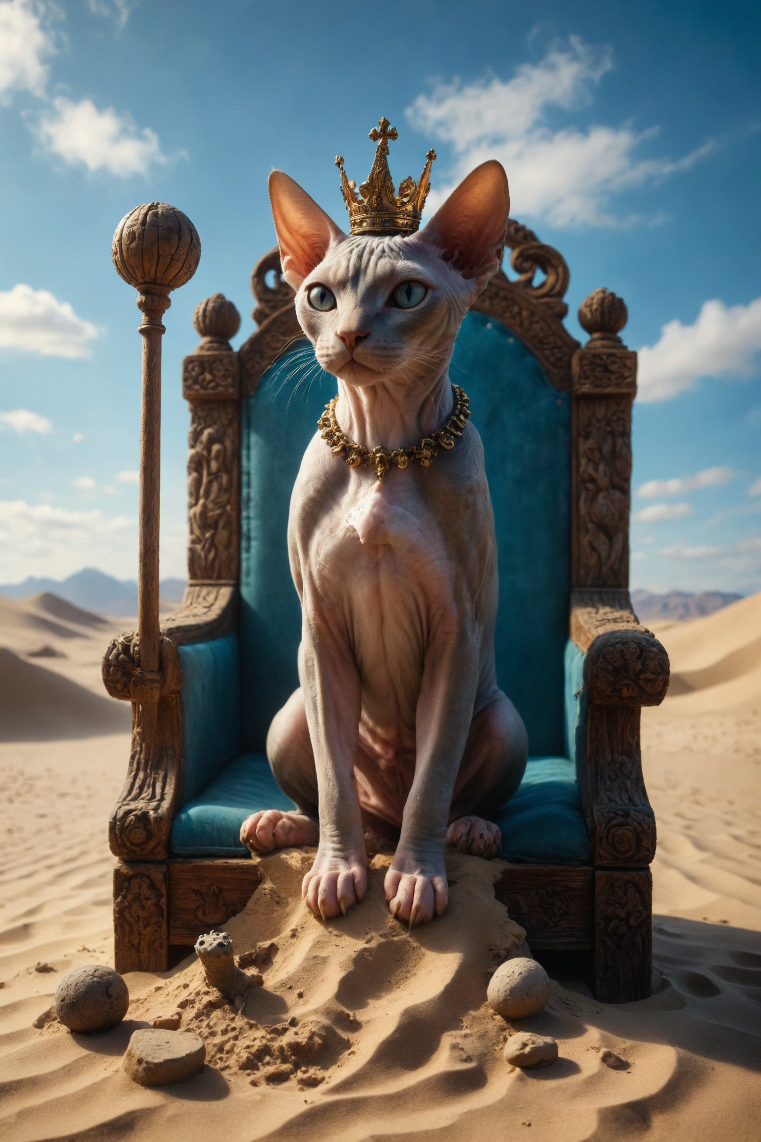 Design a scene of a Sphynx cat with a beautiful crown, and he should be holding a wooden staff, and located on a carved wooden throne, and at his feet there should be a salamander, located in a desert of clean sand and blue sky, and at his feet there should be a salamander, and at his feet there should be a salamander