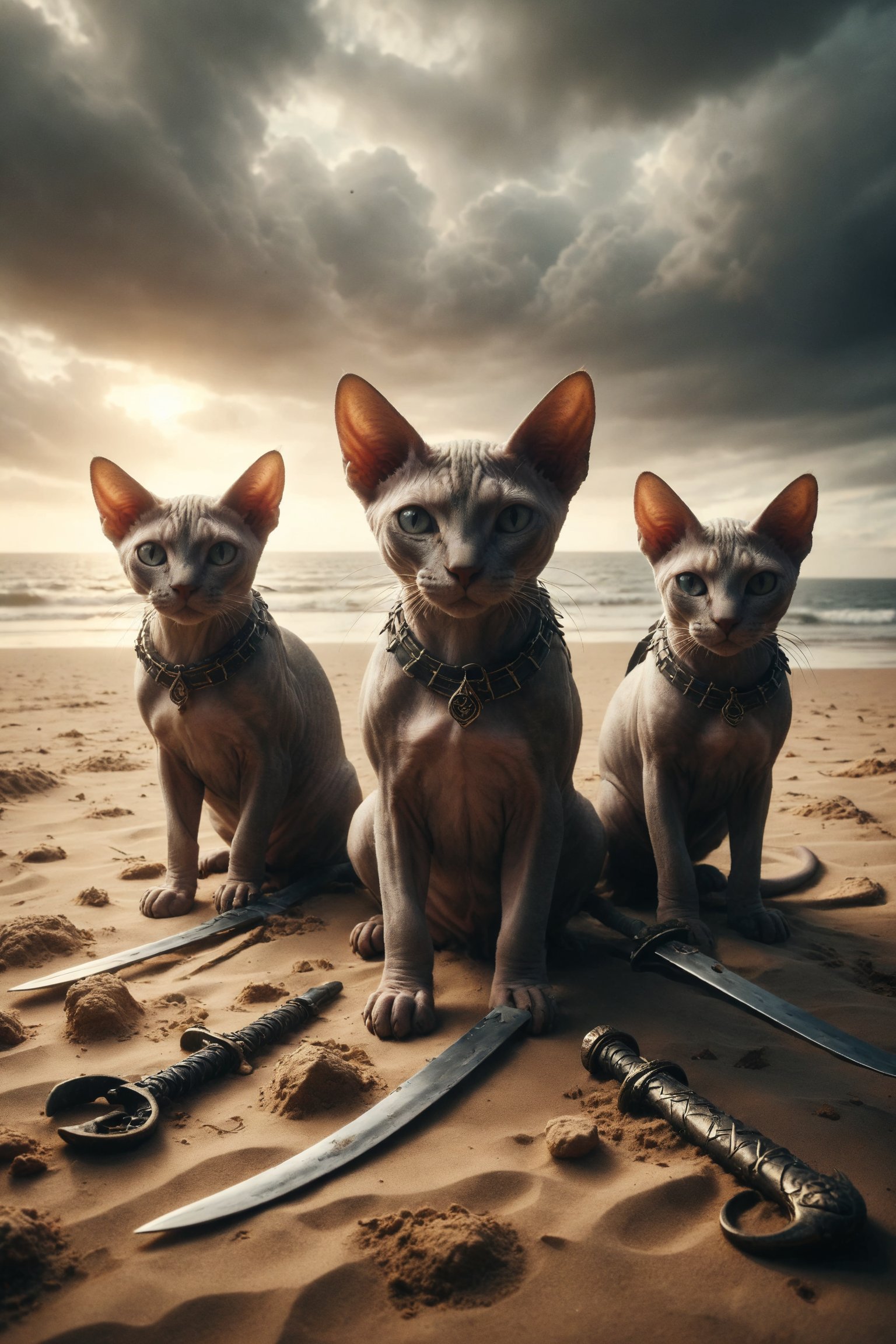 Design an image of a Sphynx cat with 3 swords, and 2 more on the ground, and must include a background with two cats on their backs, symbolizing defeat, dry to a coastal beach of sand and sea