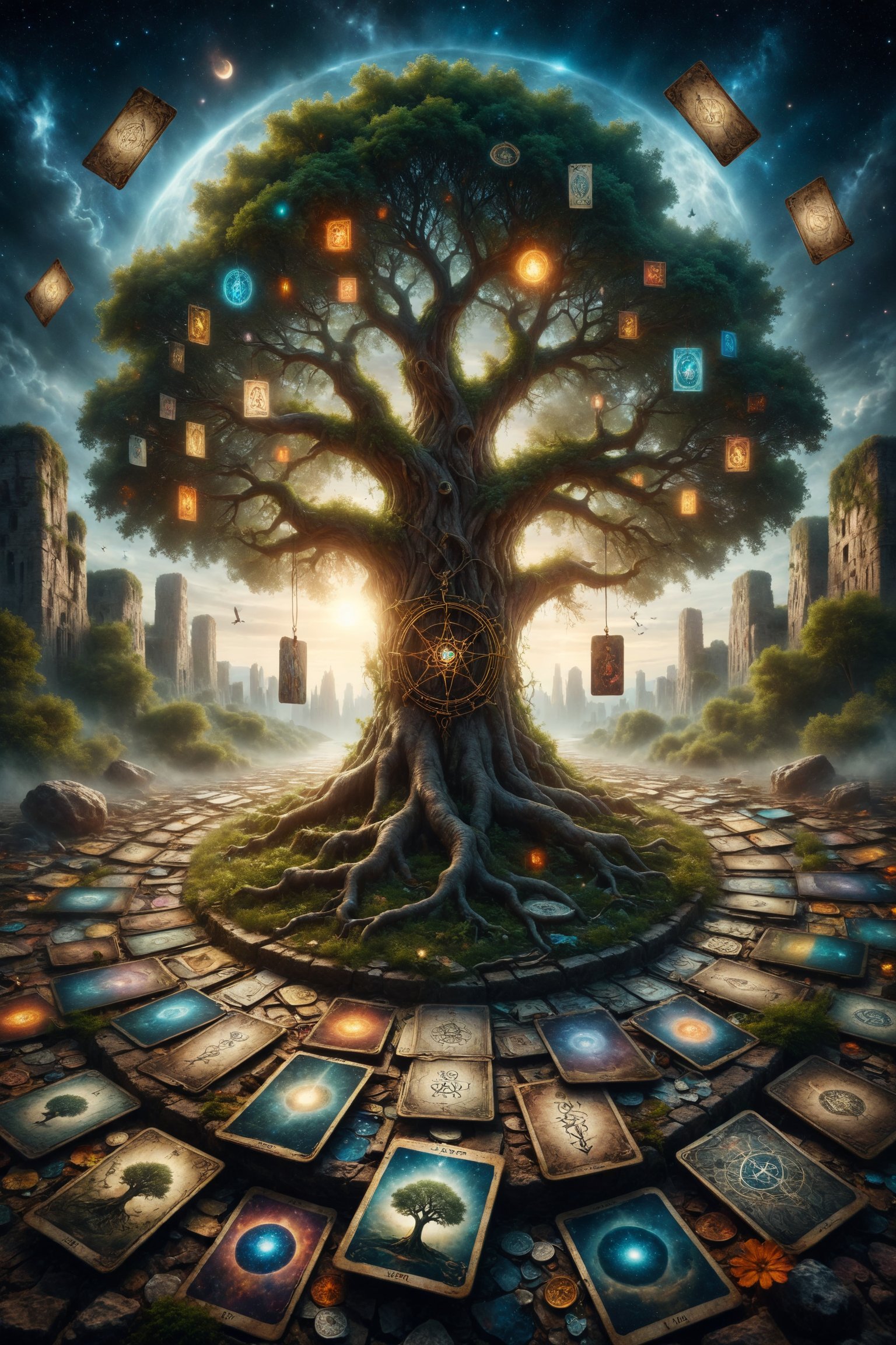 An ancient tree grows from the center of a maze of tarot cards, its branches intertwining with the symbols of the arcana as its roots penetrate into the depths of the earth, symbolizing the connection between heaven, earth, and the spiritual realm.