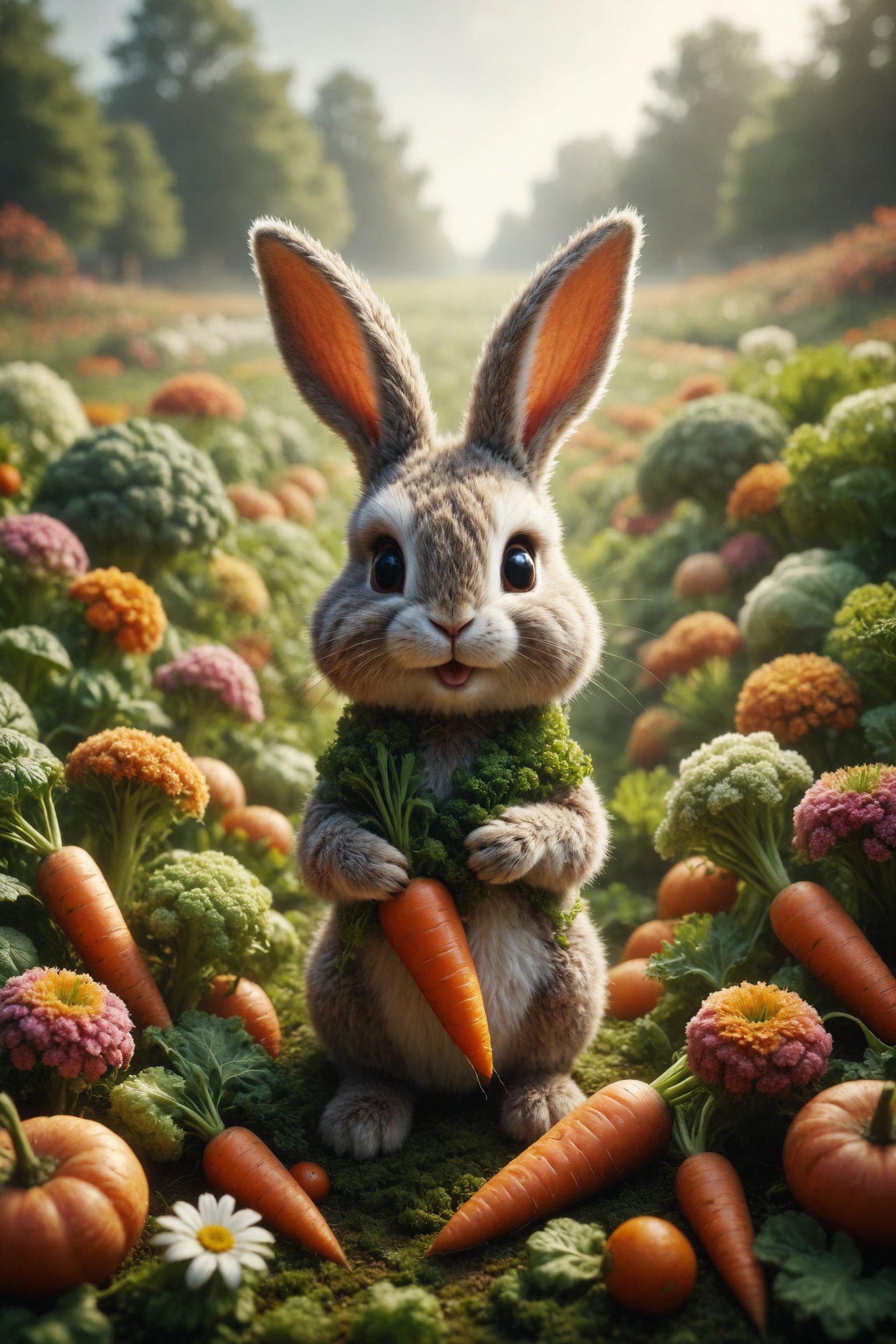 Design a scene of a rabbit with carrot ears and a body covered in carrot-textured fur. The rabbit hops joyfully in a carrot field, surrounded by flowers and fresh vegetables. Use a palette of orange and green colors to highlight the cuteness and energy of the carrot-rabbit.