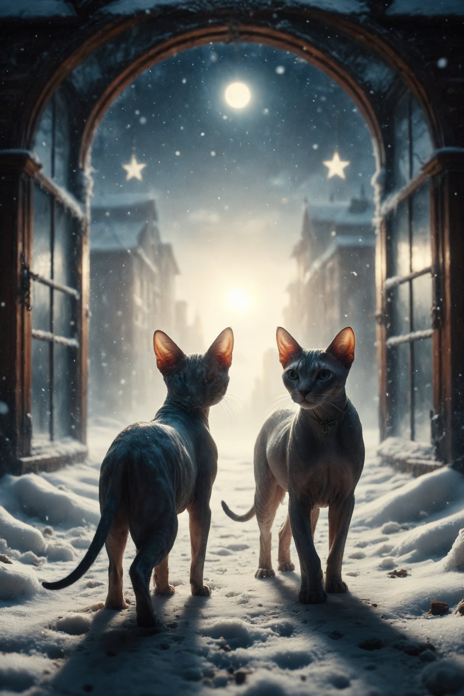 Design an image of a Sphynx cat and another cat walking together in the snow towards a lighted window with 5 pentacles engraved