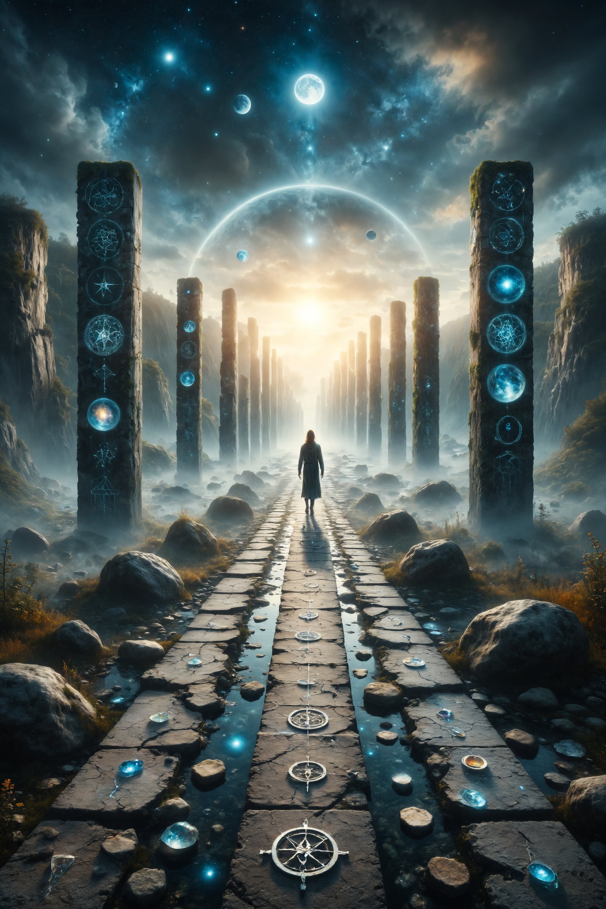 A crystal bridge connects two floating worlds, with tarot symbols engraved along its pathway, while a solitary figure walks between them, symbolizing transition and the union of opposites.